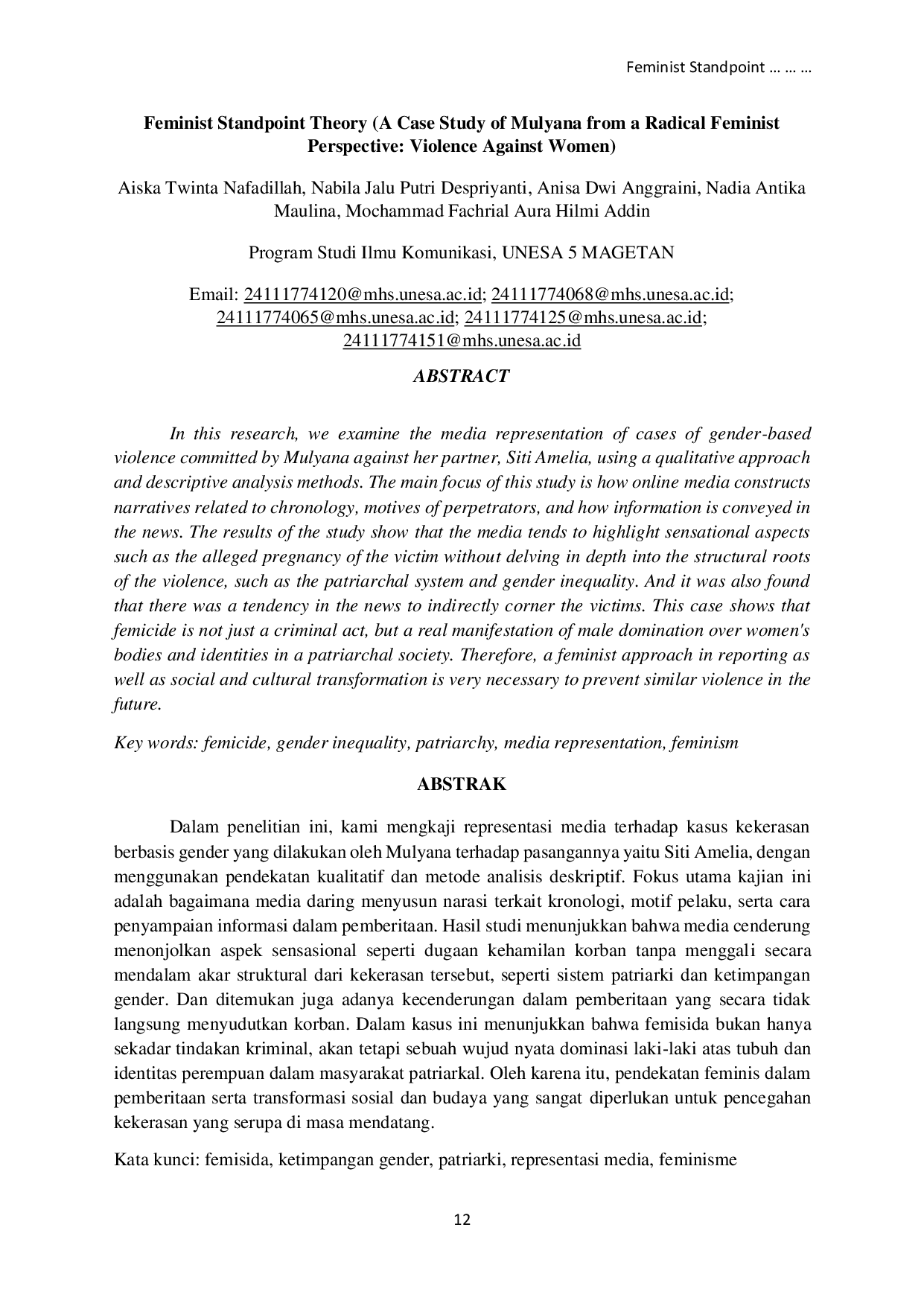 JURIS Feminist Standpoint Theory A Case Study of Mulyana from a Radical Feminist Perspective Violence Against Women