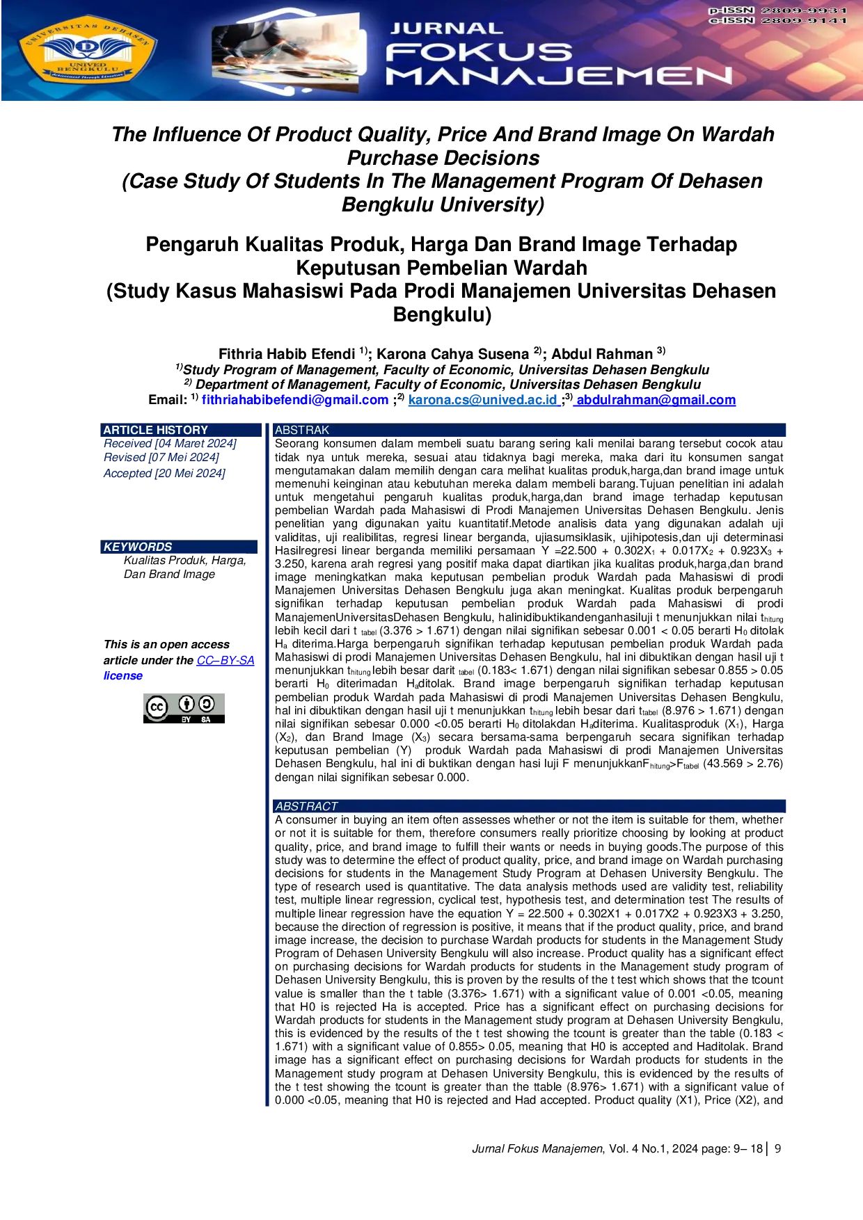 JURIS Pengaruh Kualitas Produk Harga Dan Brand Image Terhadap Keputusan Pembelian Wardah Study Kasus Mahasiswi Pada Prodi Manajemen Universitas Dehasen Bengkulu