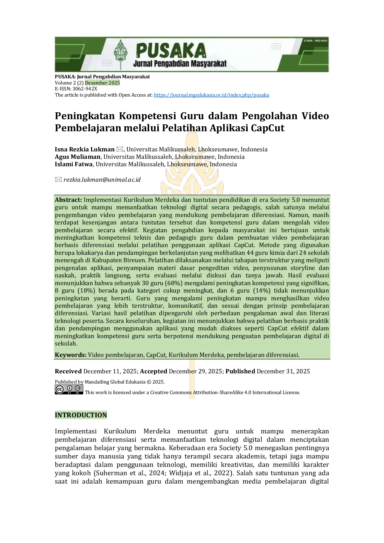 JURIS Peningkatan Kompetensi Guru dalam Pengolahan Video Pembelajaran melalui Pelatihan Aplikasi CapCut