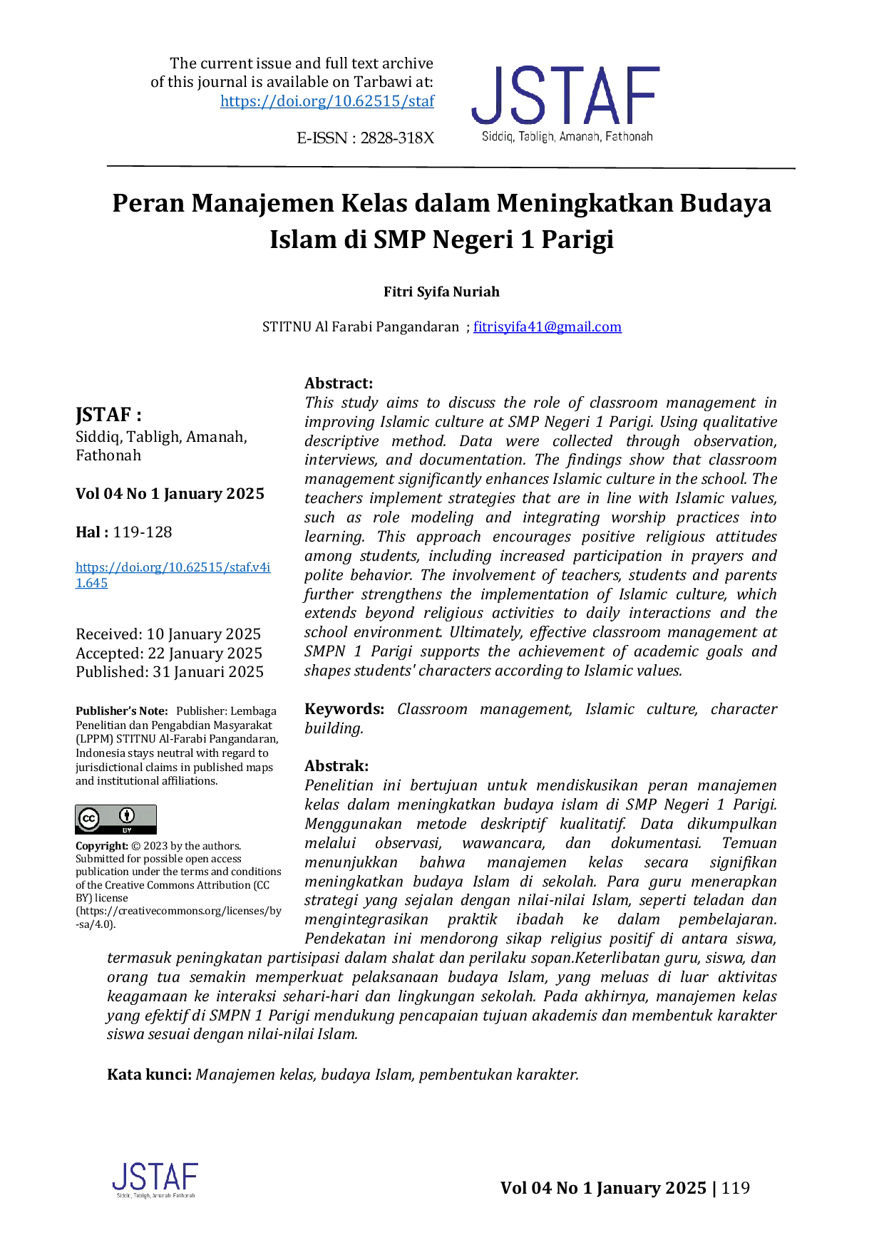 JURIS Peran Manajemen Kelas dalam Meningkatkan Budaya Islam di SMP Negeri 1 Parigi