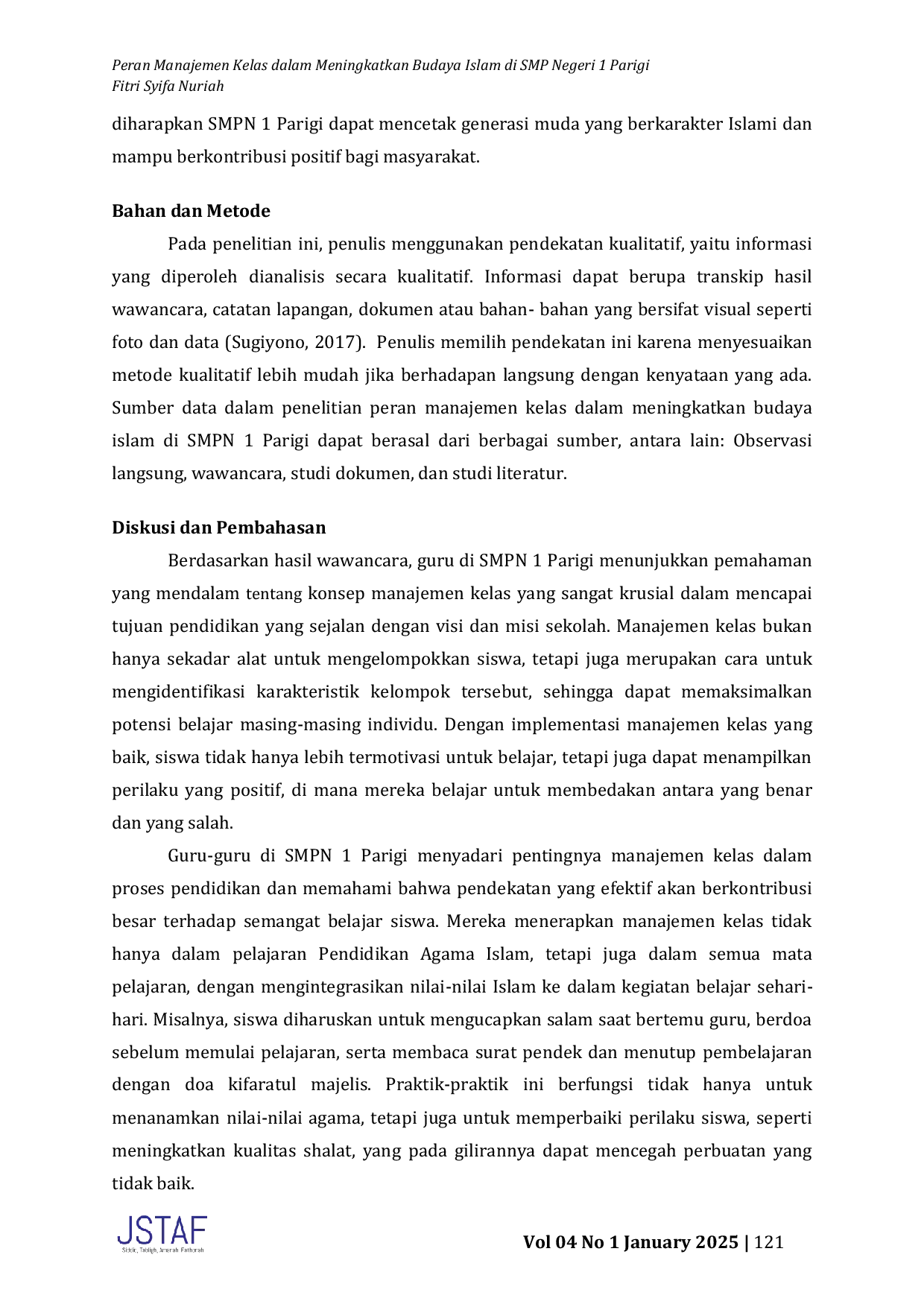 JURIS Peran Manajemen Kelas dalam Meningkatkan Budaya Islam di SMP Negeri 1 Parigi