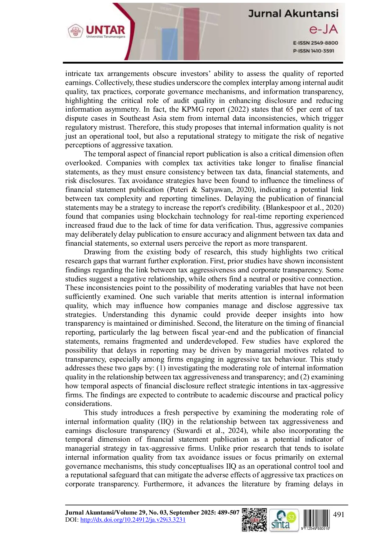 JURIS Internal Information Quality s Role in Tax Avoidance and Earnings Disclosure Transparency