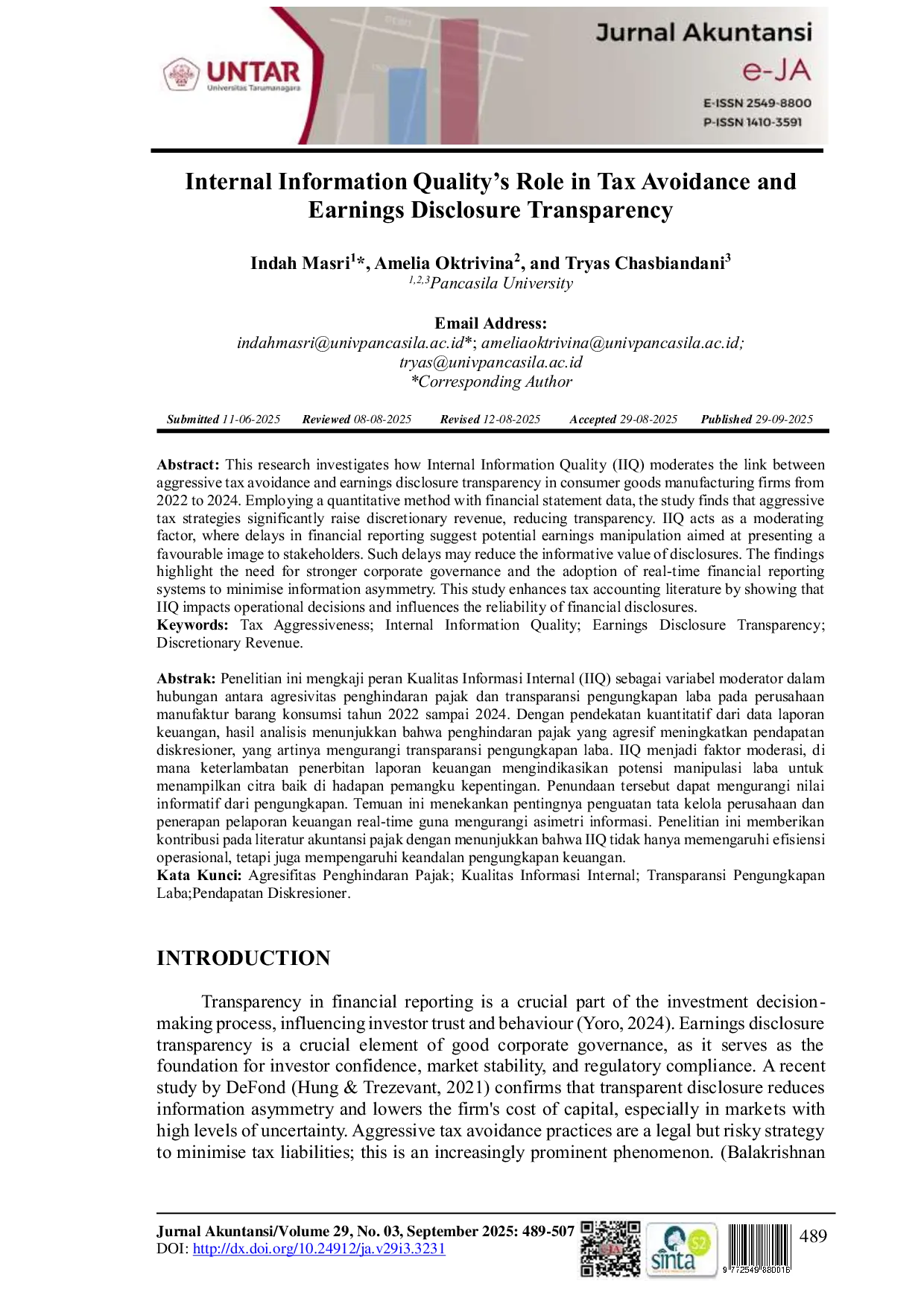 JURIS Internal Information Quality s Role in Tax Avoidance and Earnings Disclosure Transparency