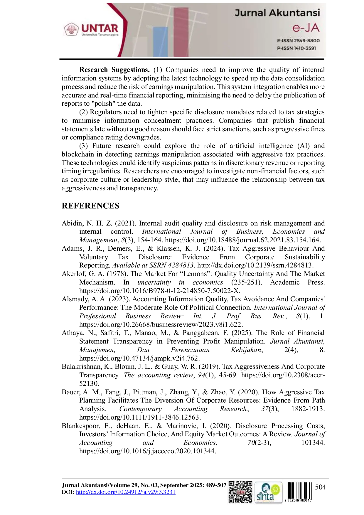 JURIS Internal Information Quality s Role in Tax Avoidance and Earnings Disclosure Transparency