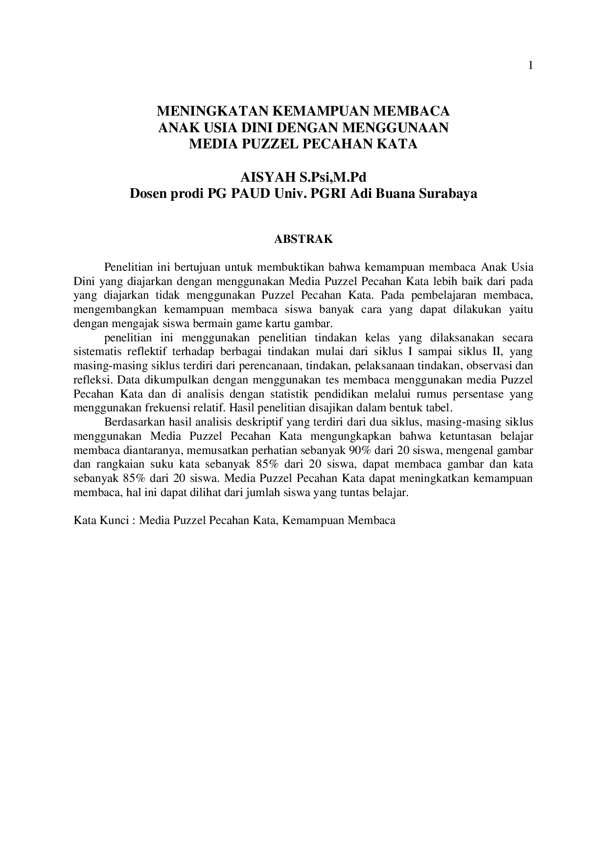 JURIS Meningkatkan Kemampuan Membaca Anak Usia Dini Dengan Menggunakan Media Puzzle Pecahan Kata