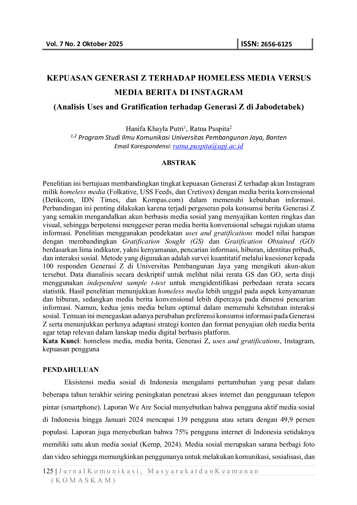 JURIS KEPUASAN GENERASI Z TERHADAP HOMELESS MEDIA VERSUS MEDIA BERITA DI INSTAGRAM Analisis Uses and Gratification terhadap Generasi Z di Jabodetabek