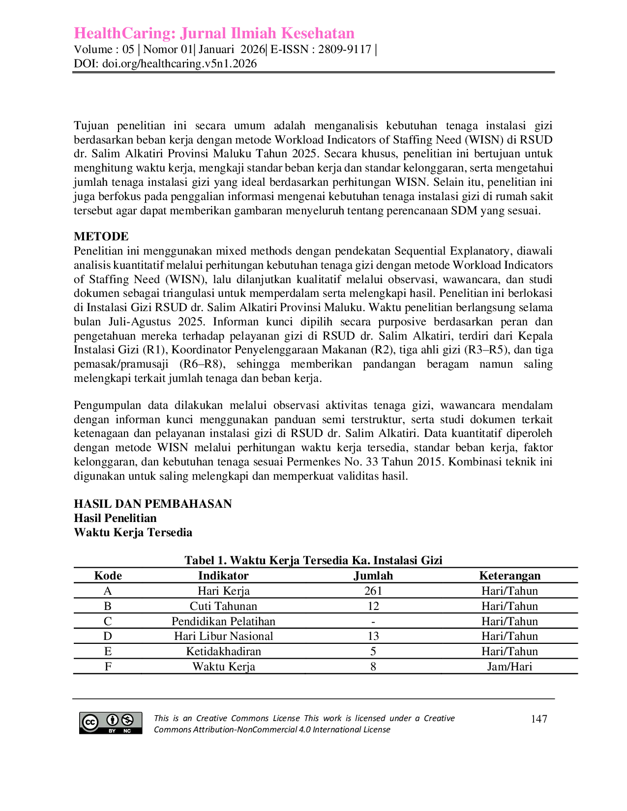 JURIS Analisis Kebutuhan Tenaga Gizi dengan Metode WISN di RSUD dr Salim Alkatiri Provinsi Maluku