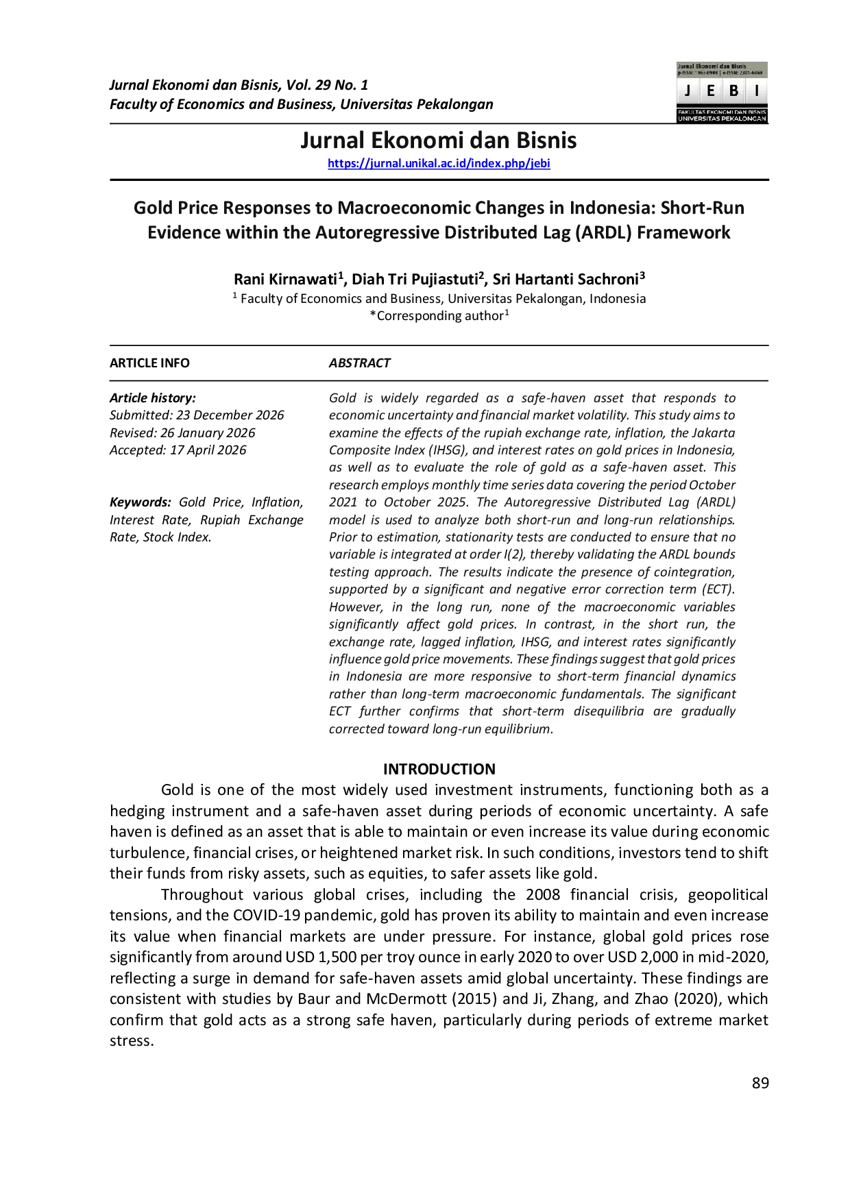 JURIS Gold Price Responses to Macroeconomic Changes in Indonesia Short Run Evidence within the Autoregressive Distributed Lag ARDL Framework