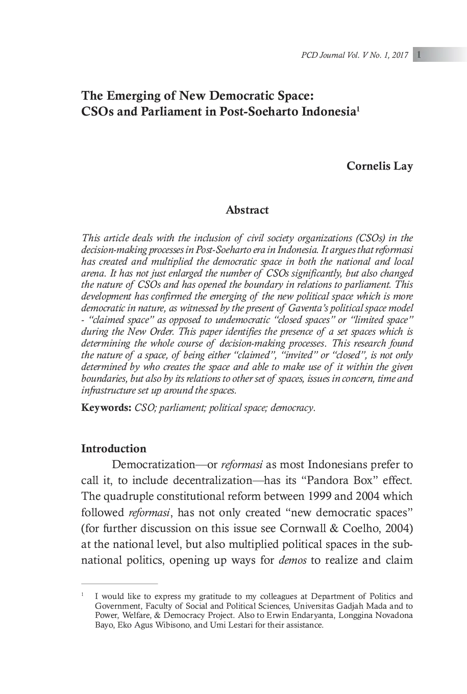 JURIS The Emerging of New Democratic Space CSOs and Parliament in Post Soeharto Indonesia