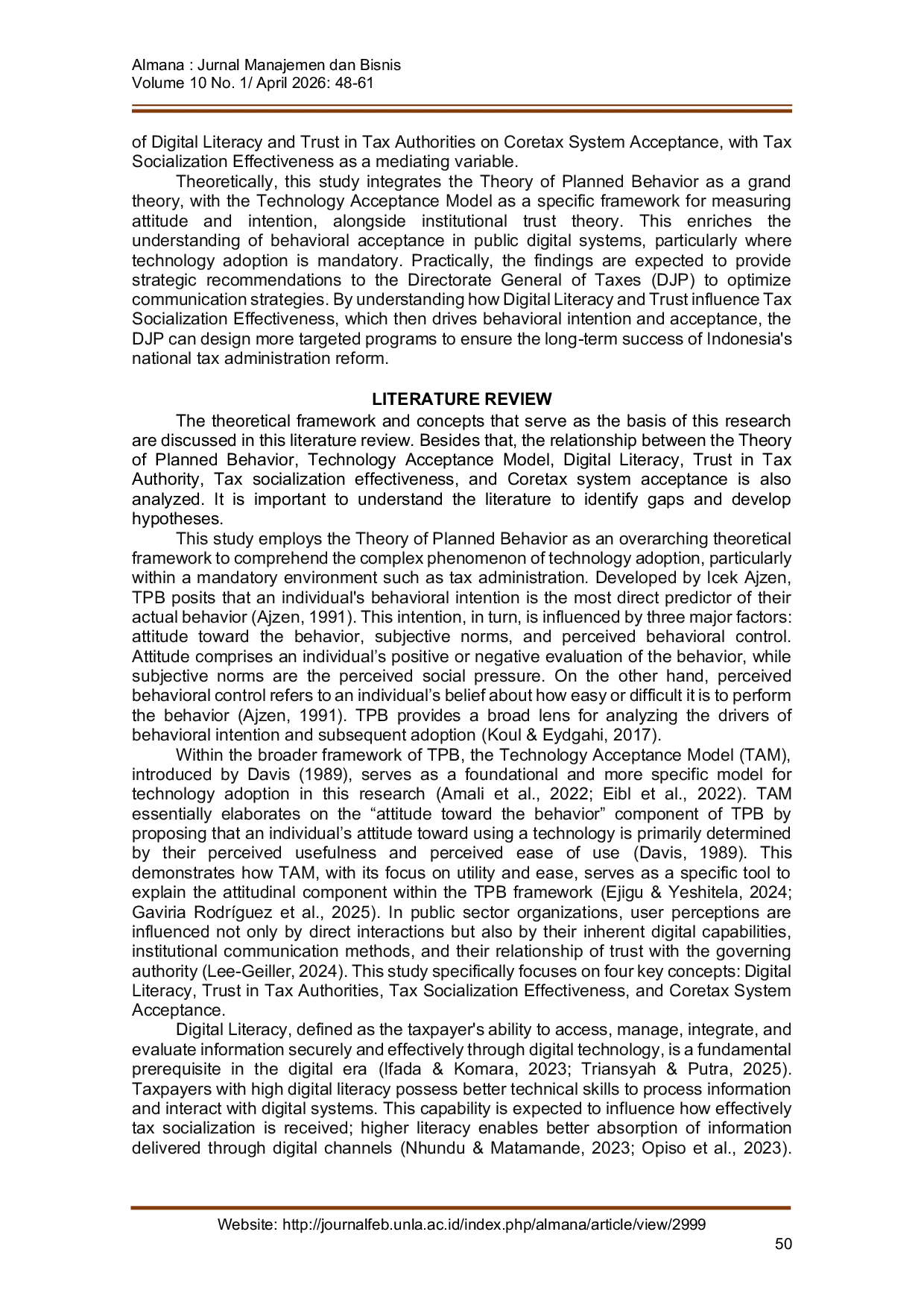 JURIS The Role of Tax Socialization in Mediating Digital Literacy and Taxpayer Trust on Coretax Acceptance