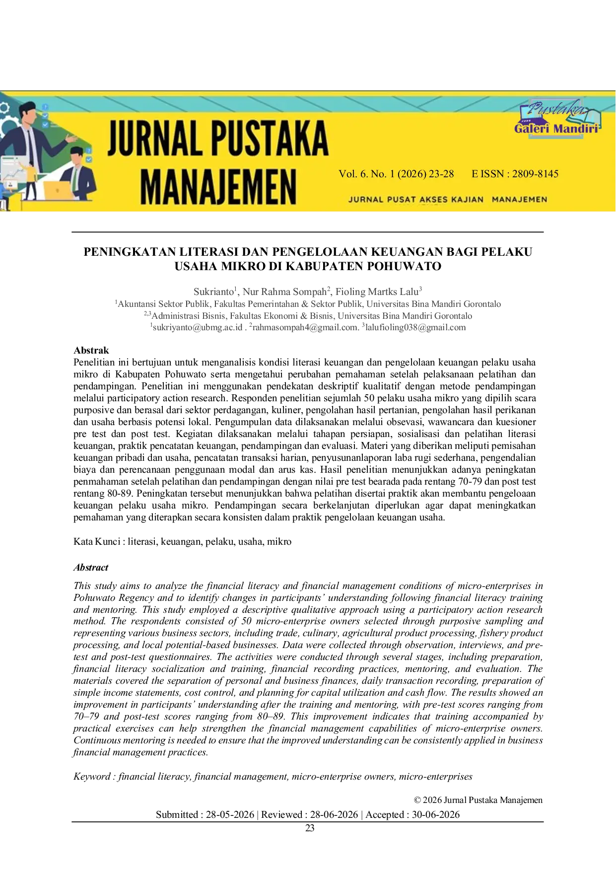 JURIS Peningkatan Literasi dan Pengelolaan Keuangan Bagi Pelaku Usaha Mikro di Kabupaten Pohuwato