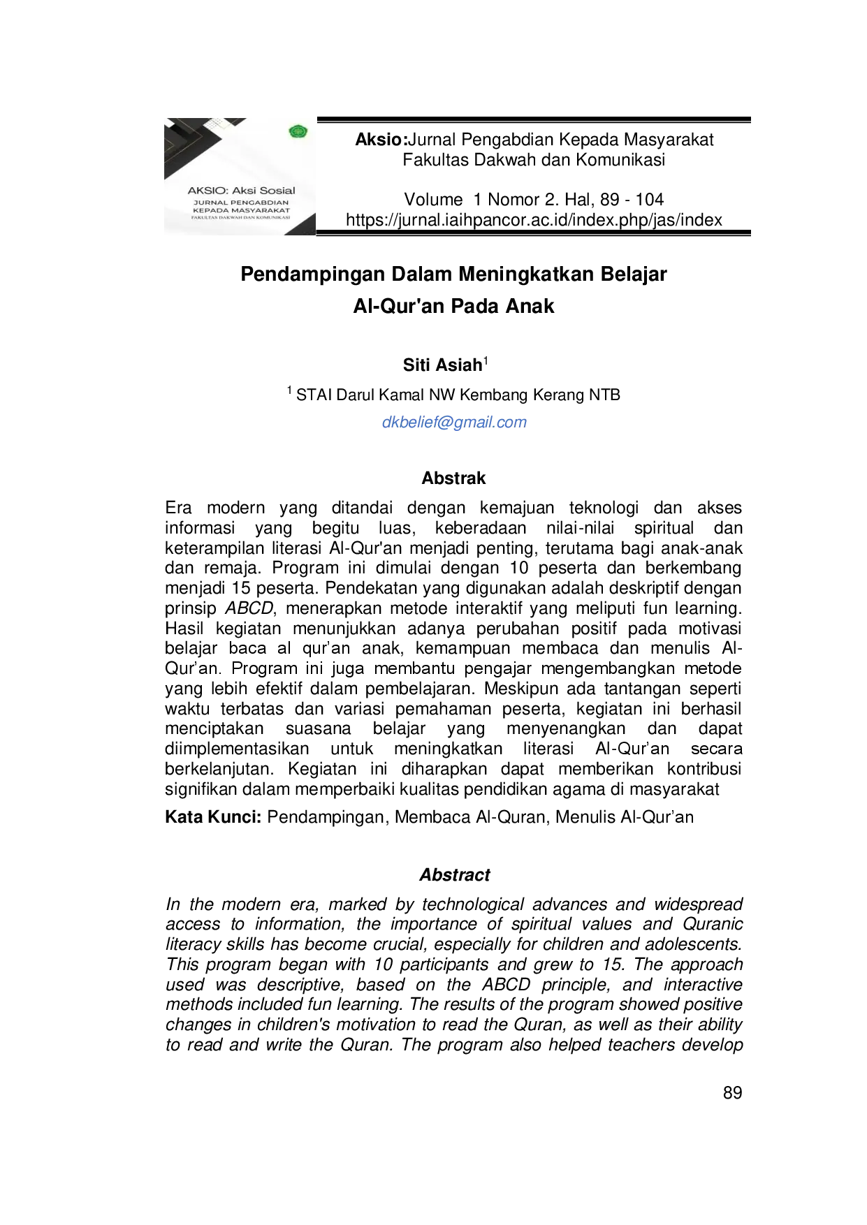 juris Pendampingan Dalam Meningkatkan Belajar Al Qur an Pada Anak