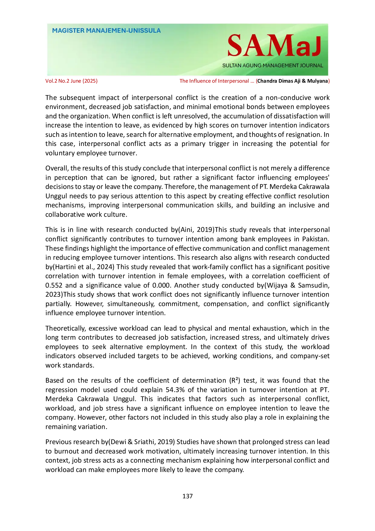 JURIS The Effect of Interpersonal Conflict and Workload on Turnover Intention with Job Stress as an Intervening Variable
