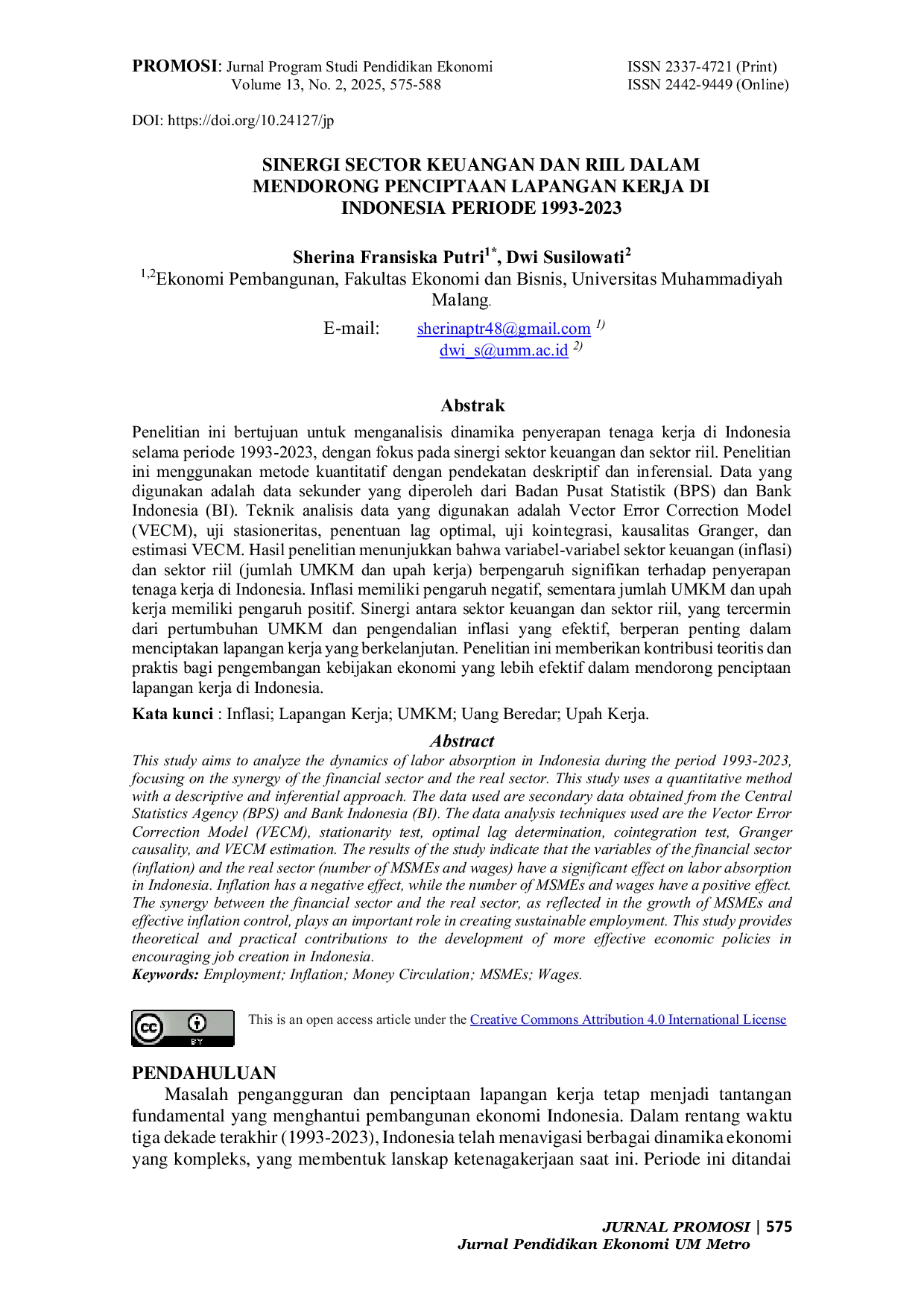 JURIS Sinergi Sektor Keuangan dan Riil dalam Mendorong Penciptaan Lapangan Kerja di Indonesia Periode 1993 2023