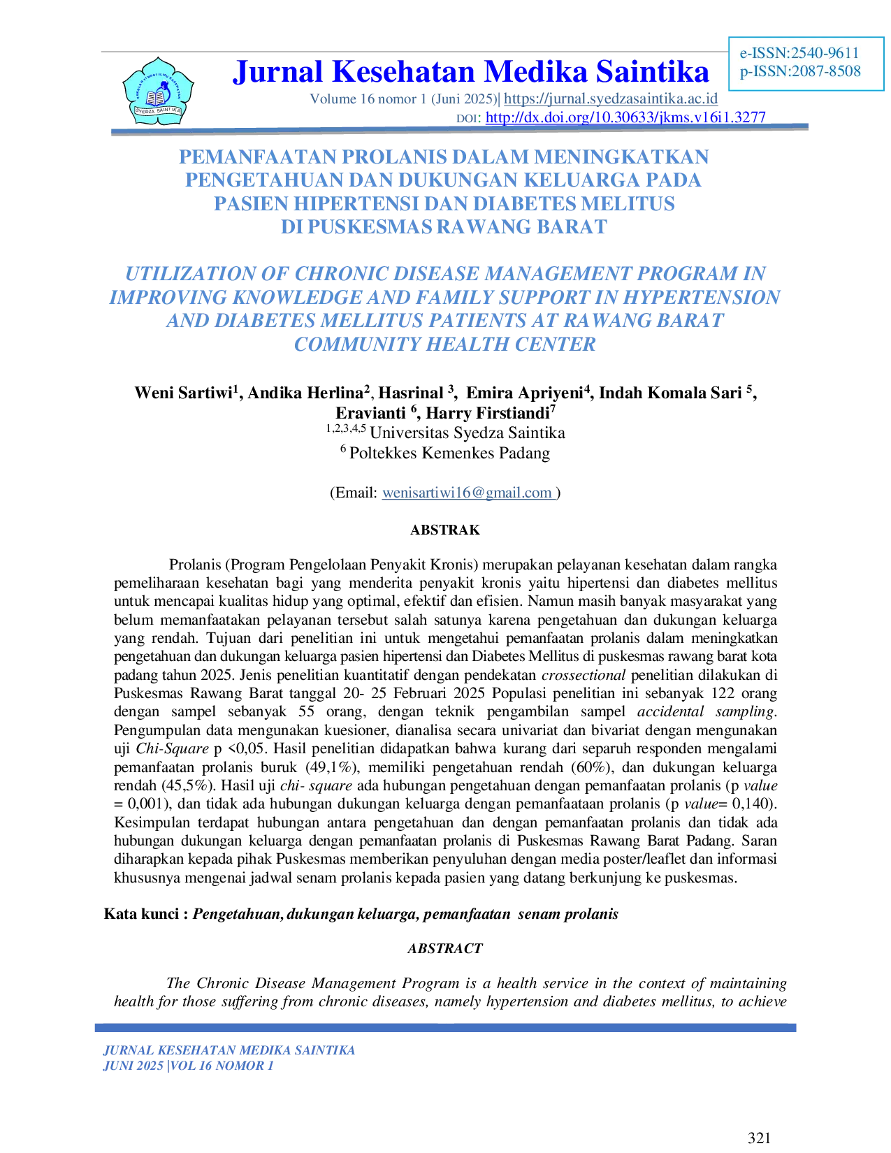 JURIS Pemanfaatan Prolanis Dalam Meningkatkan Pengetahuan Dan Dukungan Keluarga Pada Pasien Hipertensi Dan Diabetes Mellitus Di Puskesmas Rawang Barat