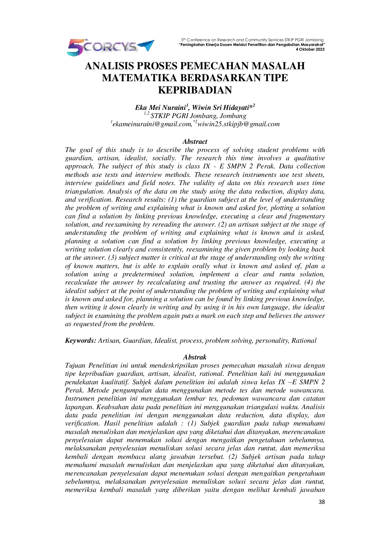 JURIS Analisis Proses Pemecahan Masalah Matematika Berdasarkan Tipe Kepribadian