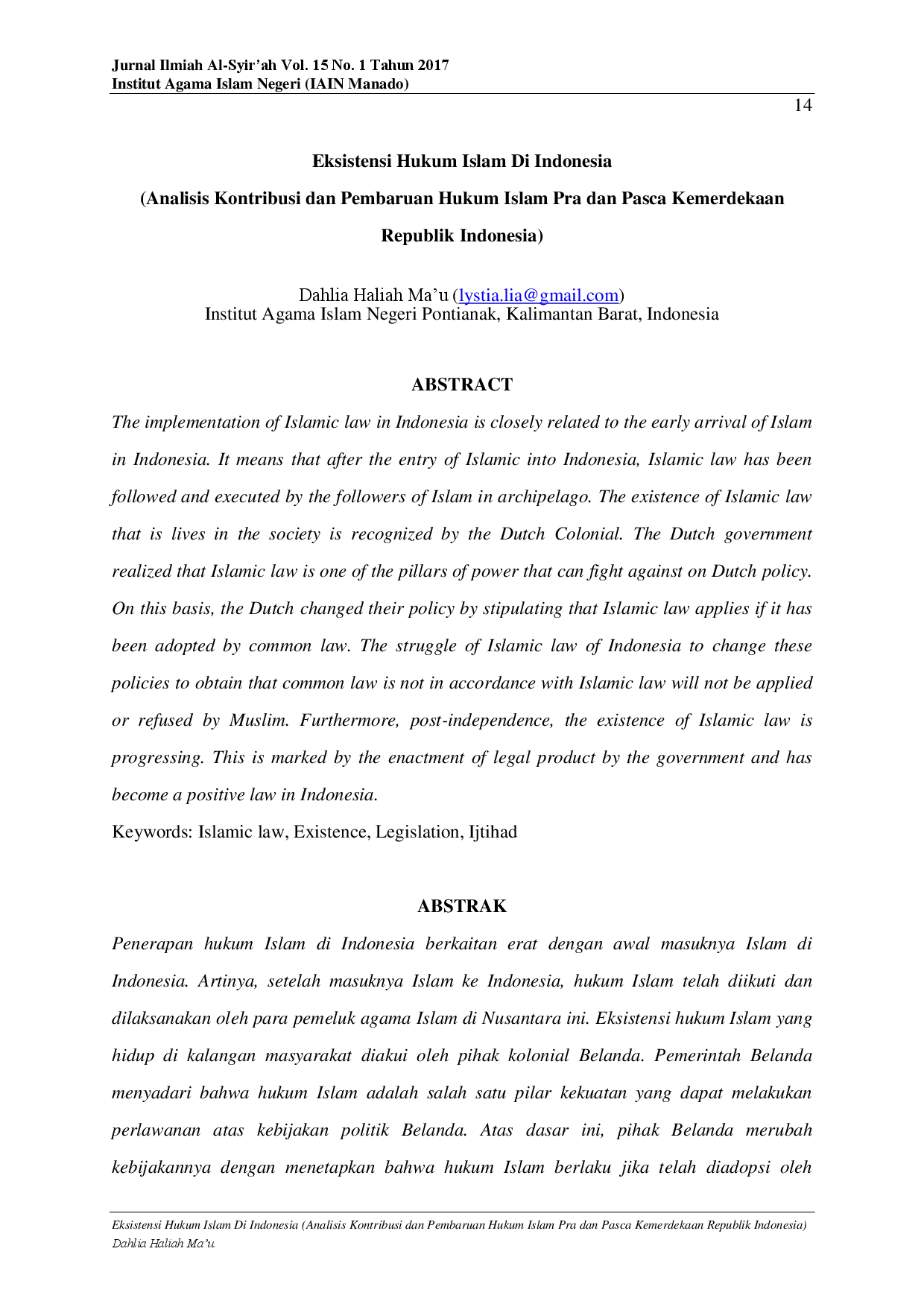 juris Eksistensi Hukum Islam Di Indonesia Analisis Kontribusi dan Pembaruan Hukum Islam Pra dan Pasca Kemerdekaan Republik Indonesia