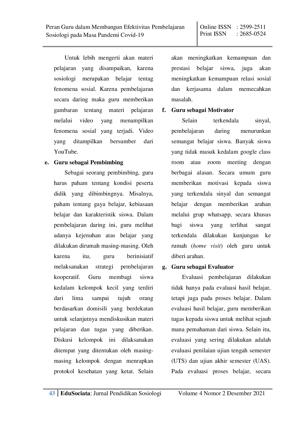 JURIS Peran Guru Dalam Membangun Efektivitas Pembelajaran Sosiologi Pada Masa Pandemi Covid 19