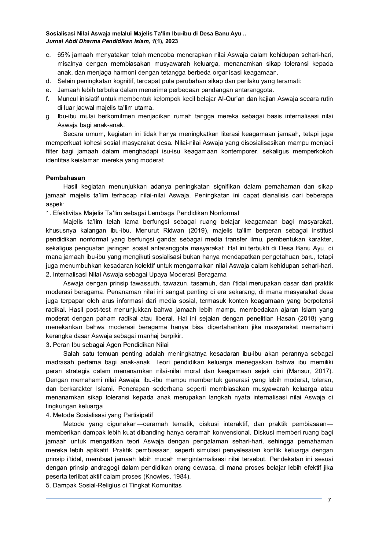 JURIS Socialization of Aswaja Values through Women s Majelis Ta lim in Banu Ayu Village Buay Pemuka Peliung Subdistrict East OKU