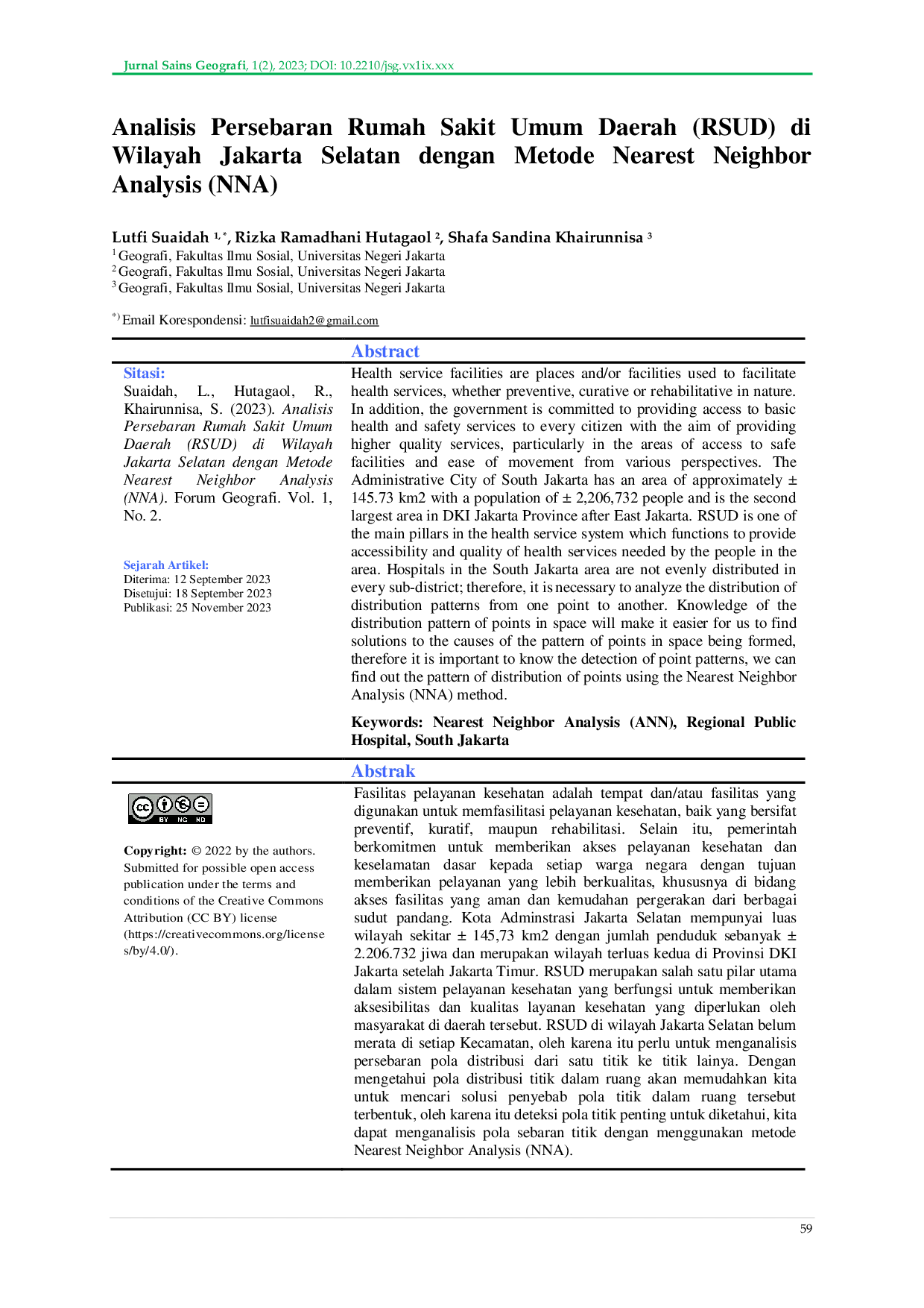 JURIS Analisis Persebaran Rumah Sakit Umum Daerah RSUD di Wilayah Jakarta Selatan dengan Metode Nearest Neighbor Analysis NNA