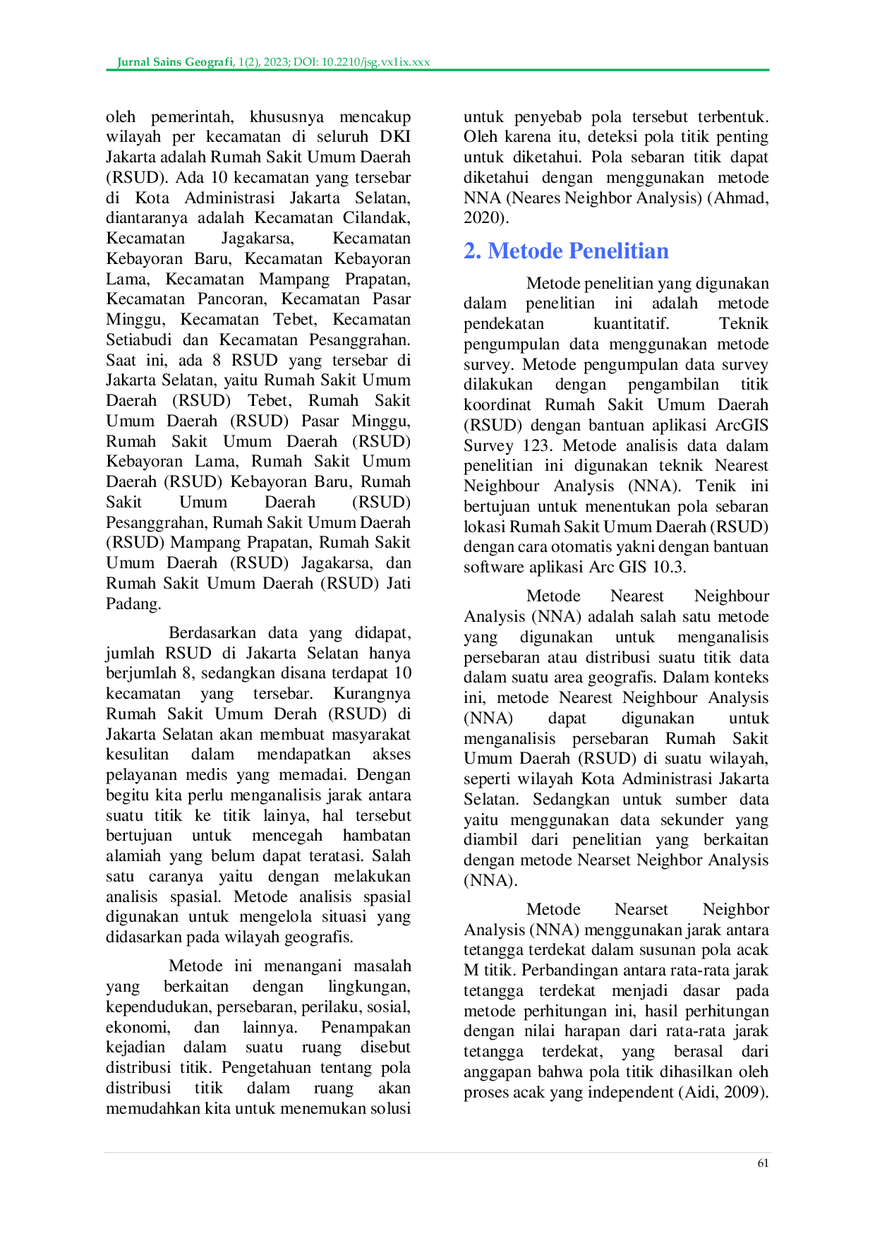 JURIS Analisis Persebaran Rumah Sakit Umum Daerah RSUD di Wilayah Jakarta Selatan dengan Metode Nearest Neighbor Analysis NNA
