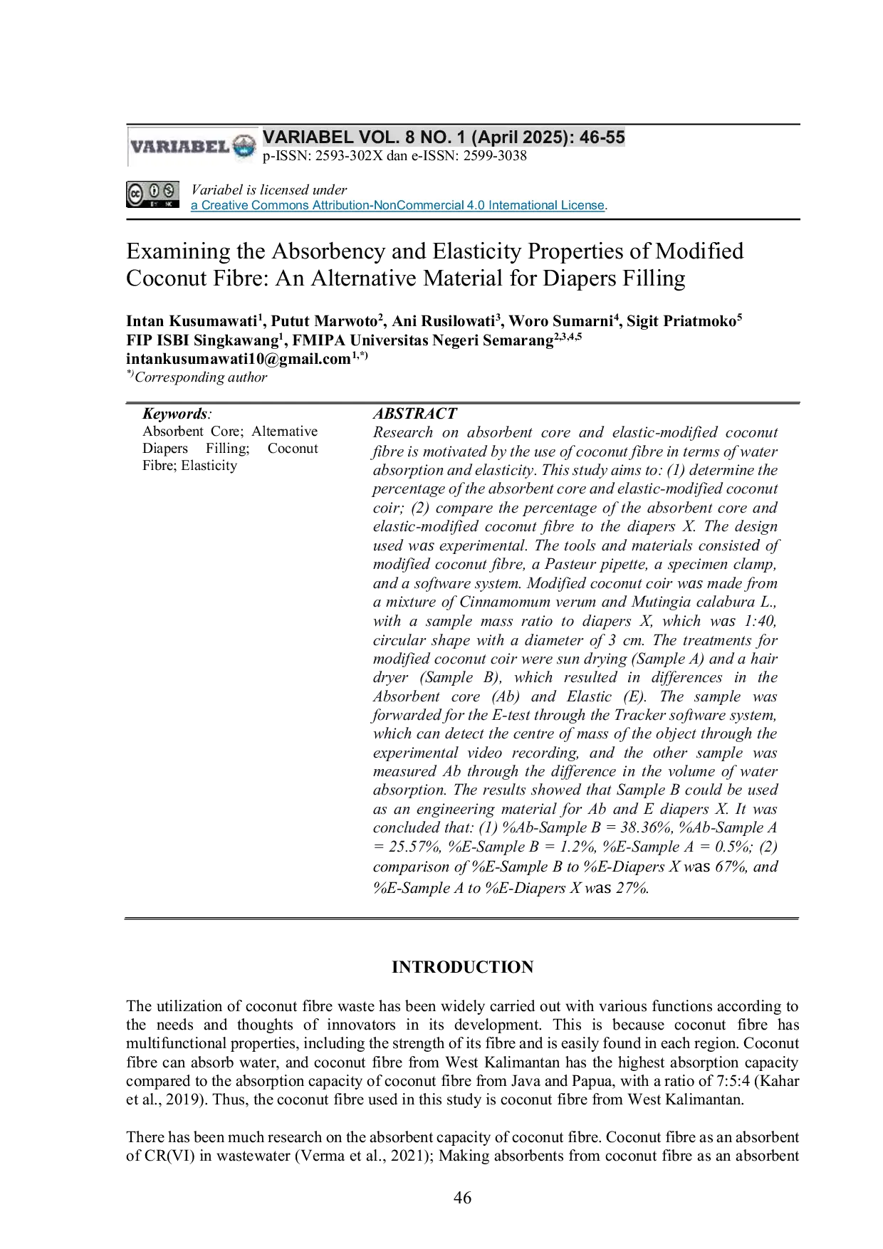 JURIS Examining the Absorbency and Elasticity Properties of Modified Coconut Fibre An Alternative Material for Diapers Filling