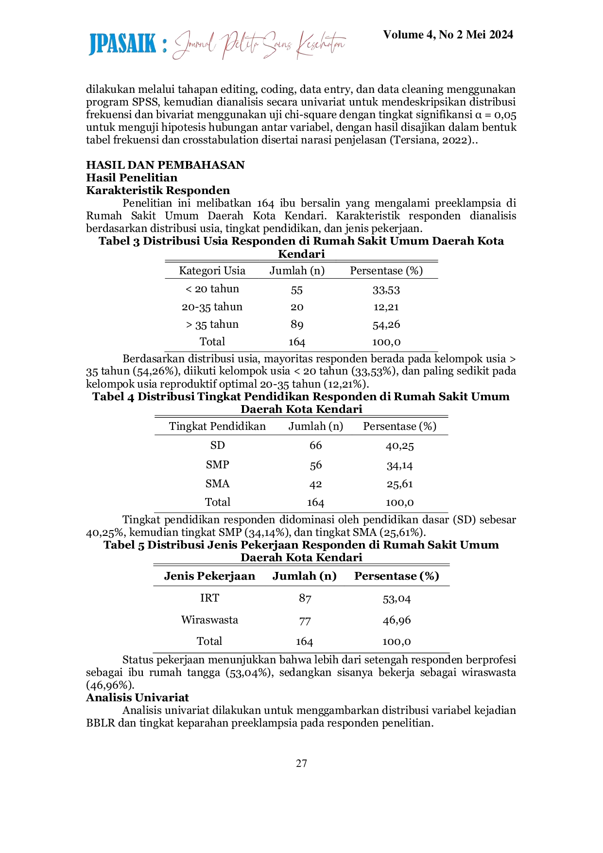 JURIS Hubungan Preeklampsia Pada Ibu Bersalin Dengan Kejadian Bayi Berat Badan Lahir Rendah BBLR Di Rumah Sakit Umum Daerah Kota Kendari