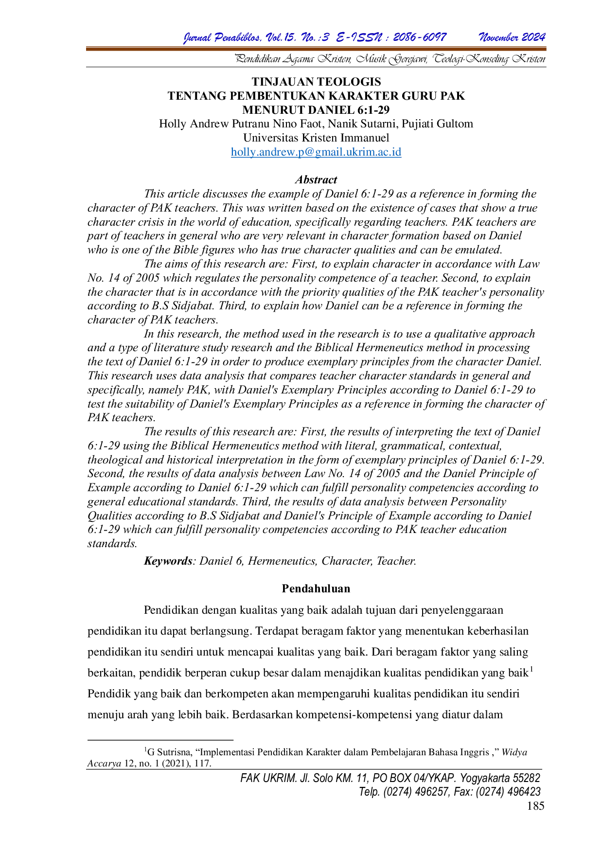 JURIS Tinjauan Teologis Tentang Pembentukan Karakter Guru Pak Menurut Daniel 6 1 29