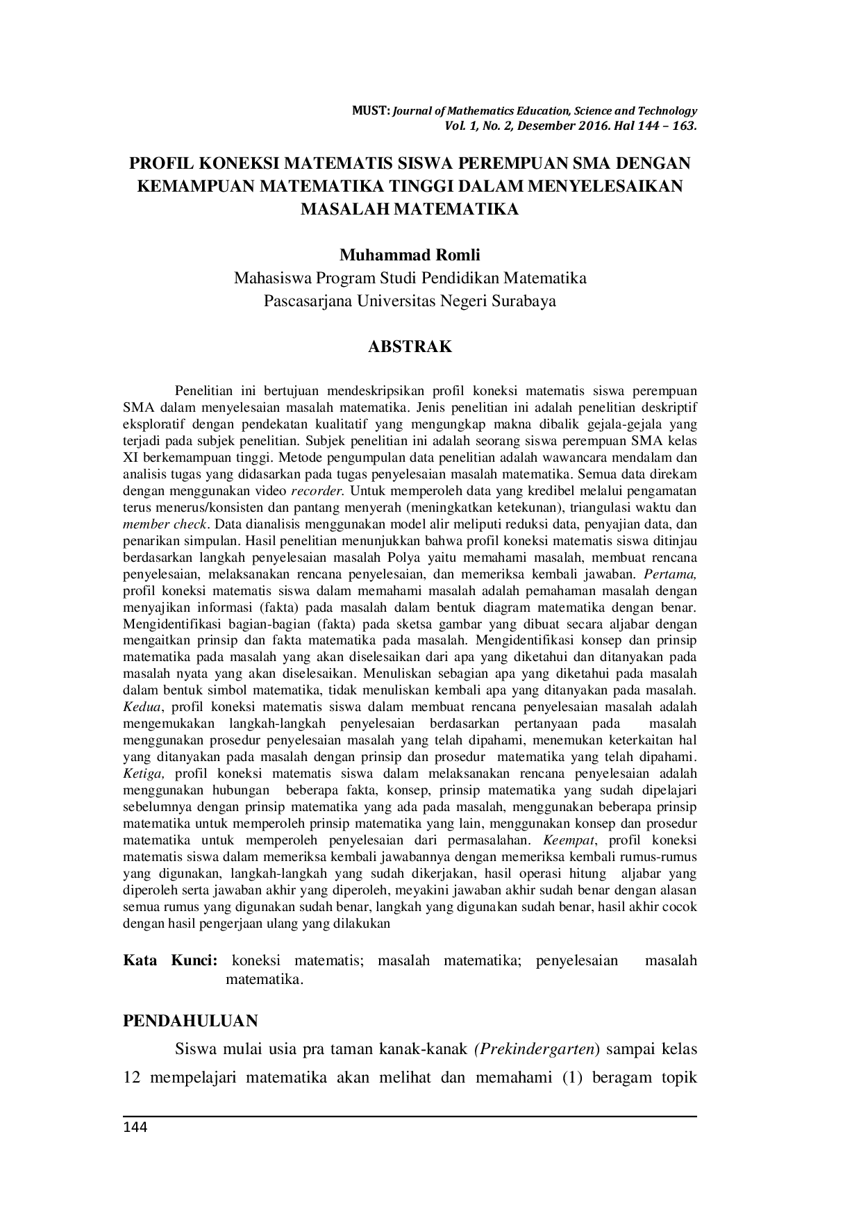 JURIS Profil Koneksi Matematis Siswa Perempuan SMA Dengan Kemampuan Matematika Tinggi Dalam Menyelesaikan Masalah Matematika