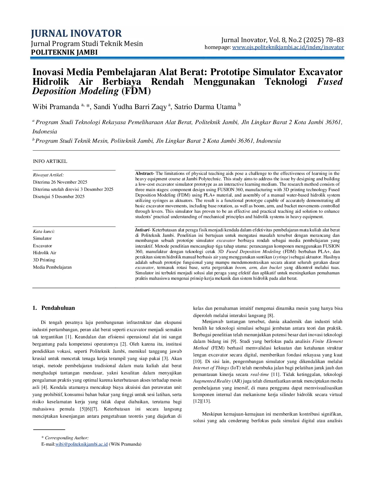 JURIS Inovasi Media Pembelajaran Alat Berat Prototipe Simulator Excavator Hidrolik Air Berbiaya Rendah Menggunakan Teknologi Fused Deposition Modeling Fdm
