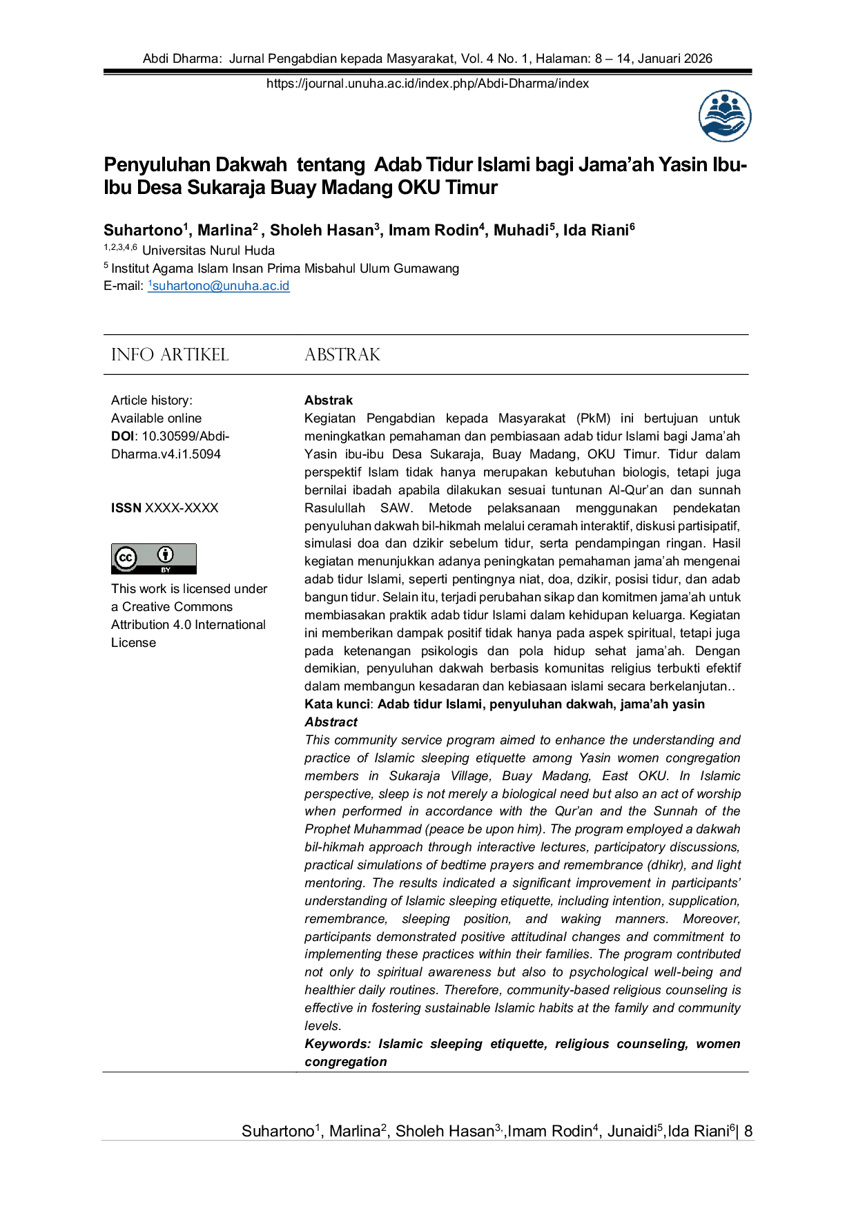 JURIS Penyuluhan Dakwah tentang Adab Tidur Islami bagi Jama ah Yasin Ibu ibu Desa Sukaraja Buay Madang OKU Timur