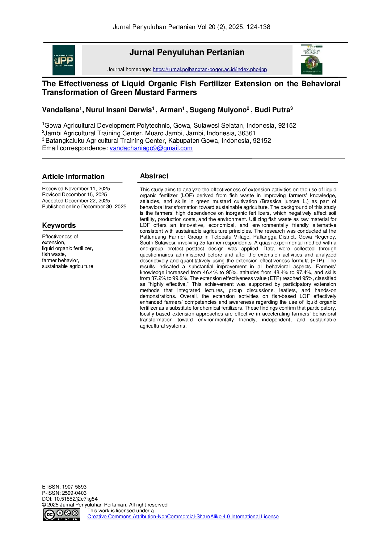 JURIS The Effectiveness of Liquid Organic Fish Fertilizer Extension on the Behavioral Transformation of Green Mustard Farmers