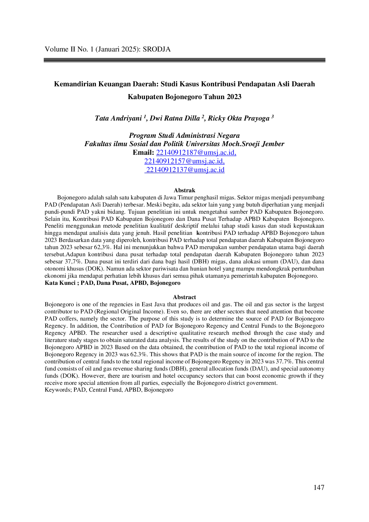 JURIS Kemandirian Keuangan Daerah Studi Kasus Kontribusi Pendapatan Asli Daerah Kabupaten Bojonegoro Tahun 2023