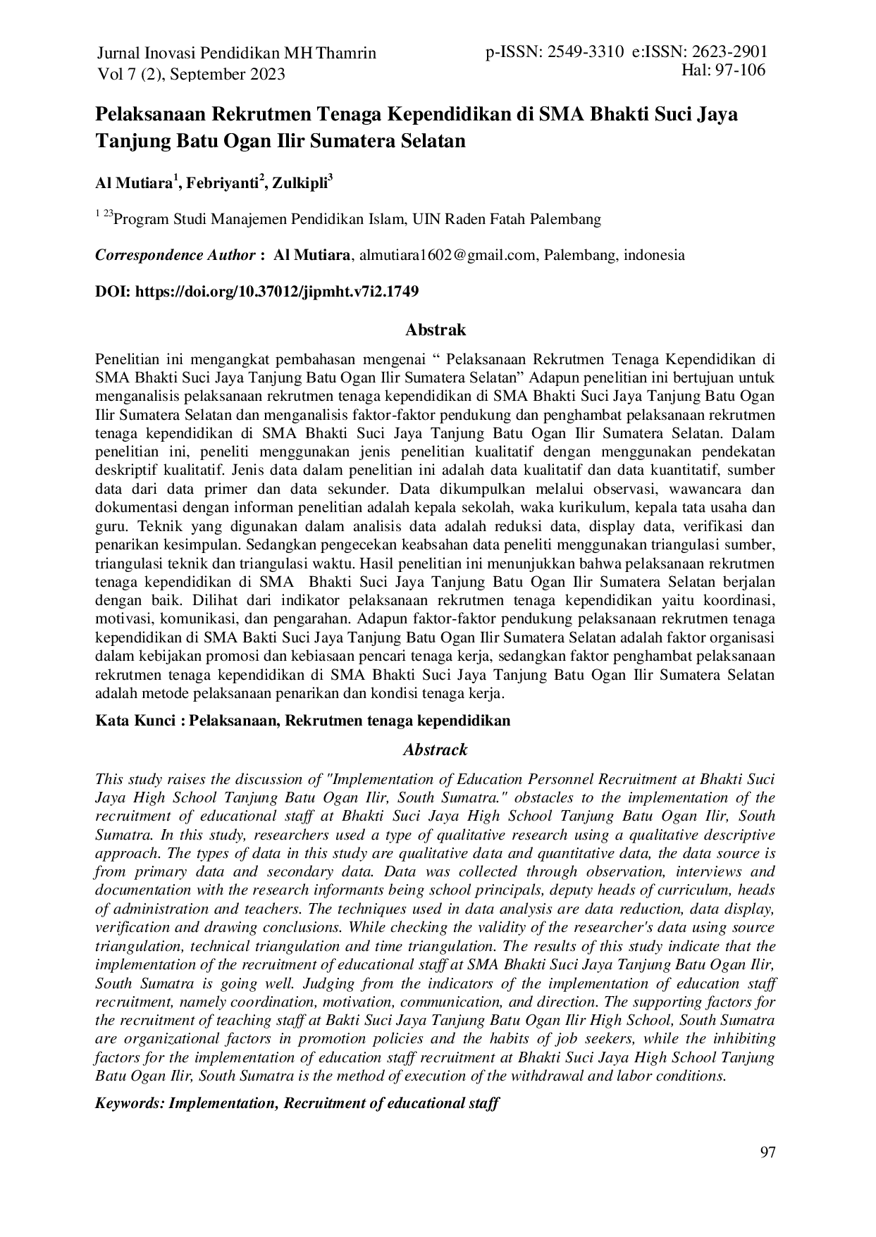 JURIS Pelaksanaan Rekrutmen Tenaga Kependidikan di SMA Bhakti Suci Jaya Tanjung Batu Ogan Ilir Sumatera Selatan