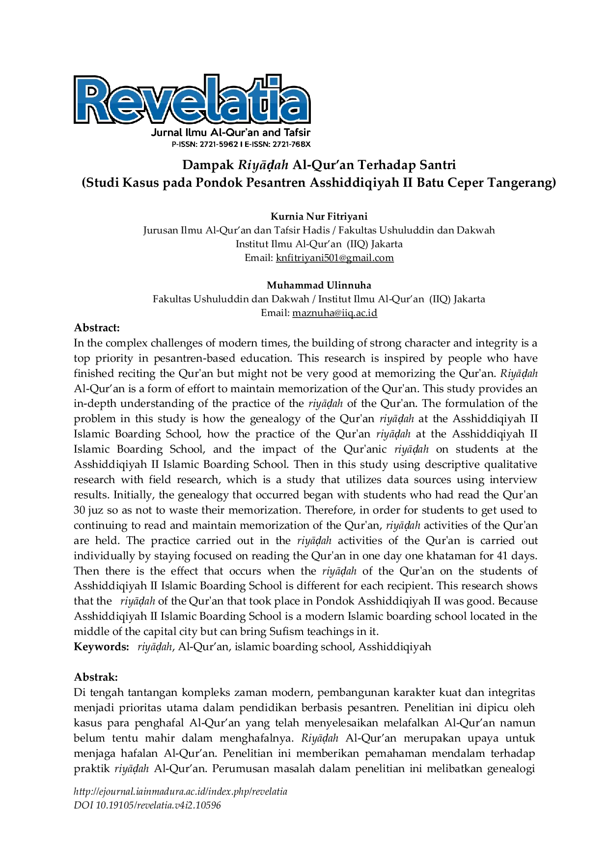 JURIS Dampak RiyAsah AlAcQur an Terhadap Santri Studi Kasus Pada Pondok Pesantren Asshiddiqiyah II Batu Ceper Tangerang