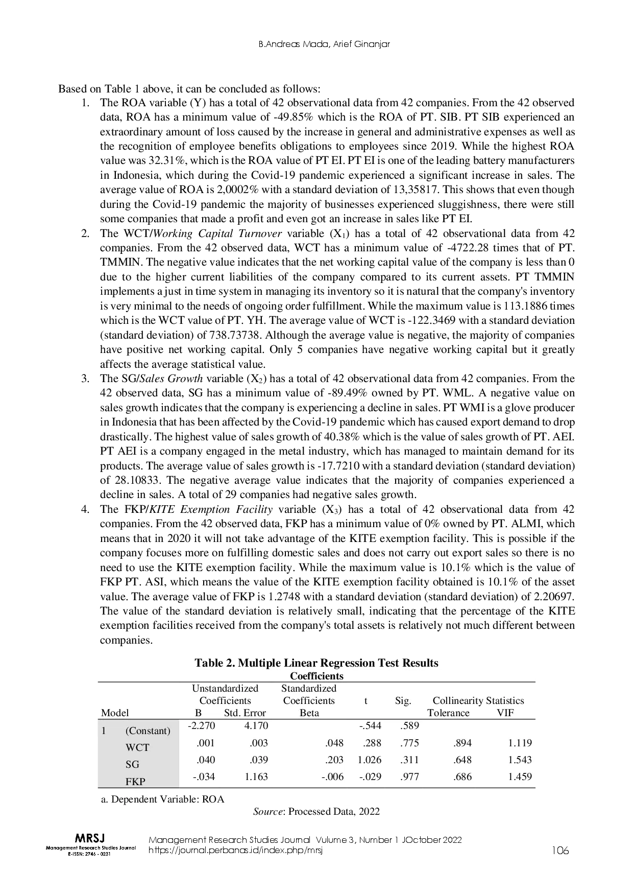 juris The Effect of Working Capital Turnover Sales Growth and Import Exemption Facilities of Export Destinations KITE on The ROA of Manufacturing Companies