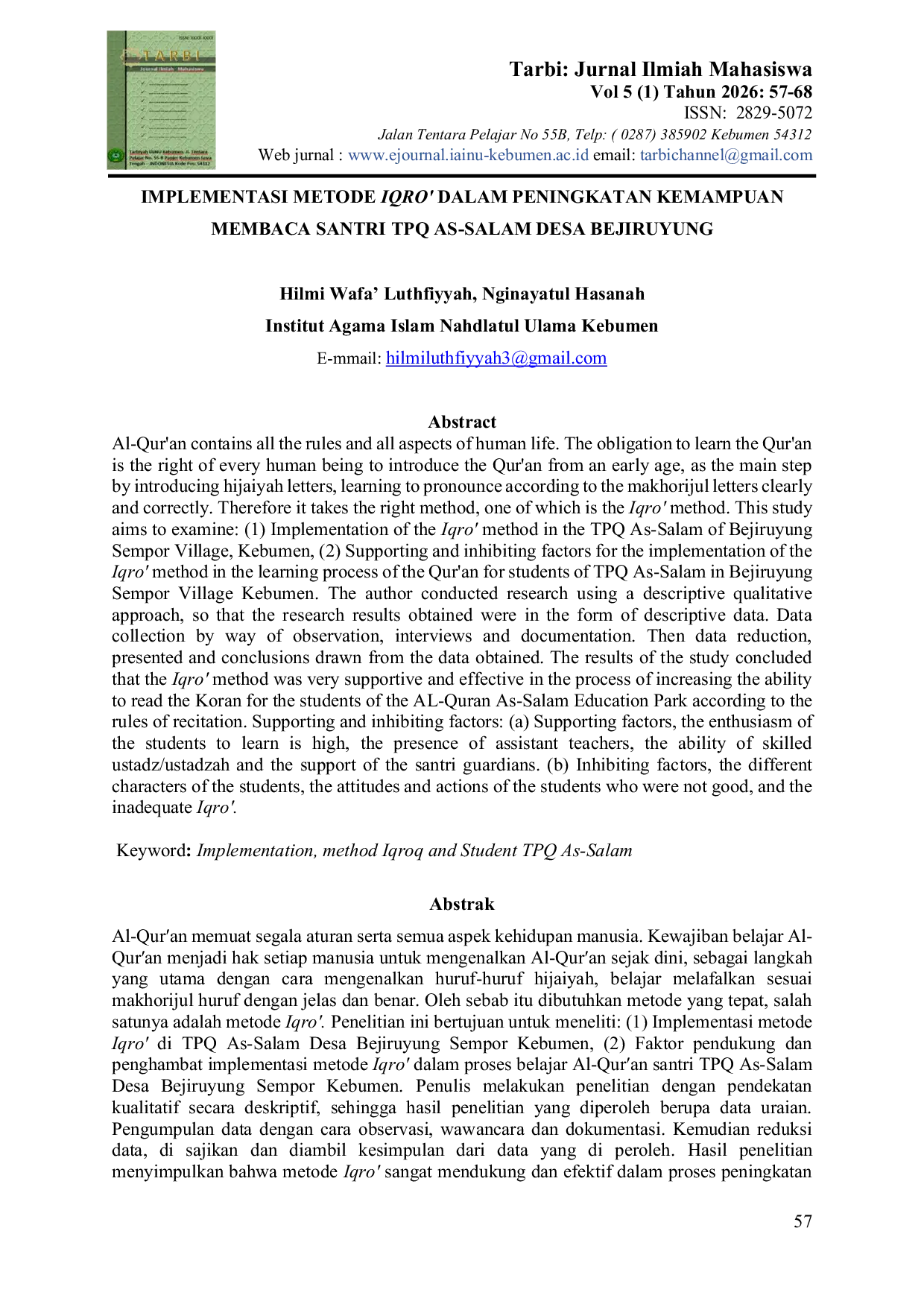 JURIS Implementasi Metode Iqro dalam Peningkatan Kemampuan Membaca Santri TPQ As Salam Desa Bejiruyung