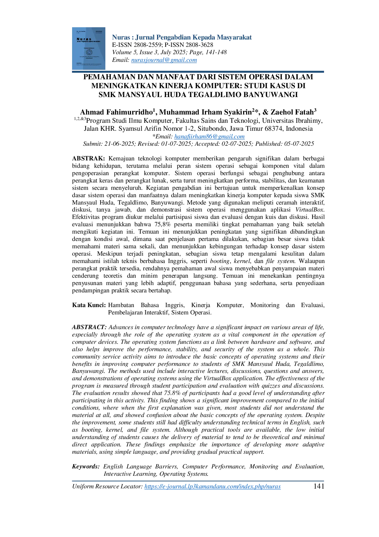 JURIS Pemahaman dan Manfaat dari Sistem Operasi dalam Meningkatkan Kinerja Komputer Studi Kasus di SMK Mansyaul Huda Tegaldlimo Banyuwangi