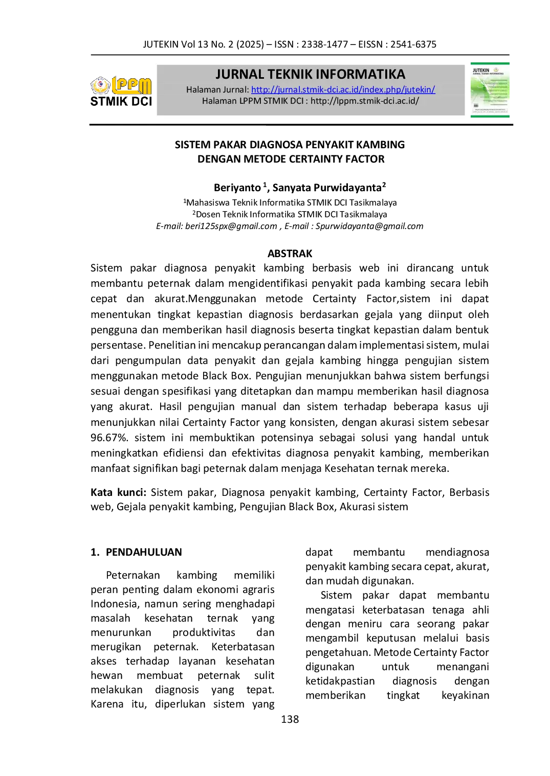 JURIS Sistem Pakar Diagnosa Penyakit Kambing Dengan Metode Certainty Factor