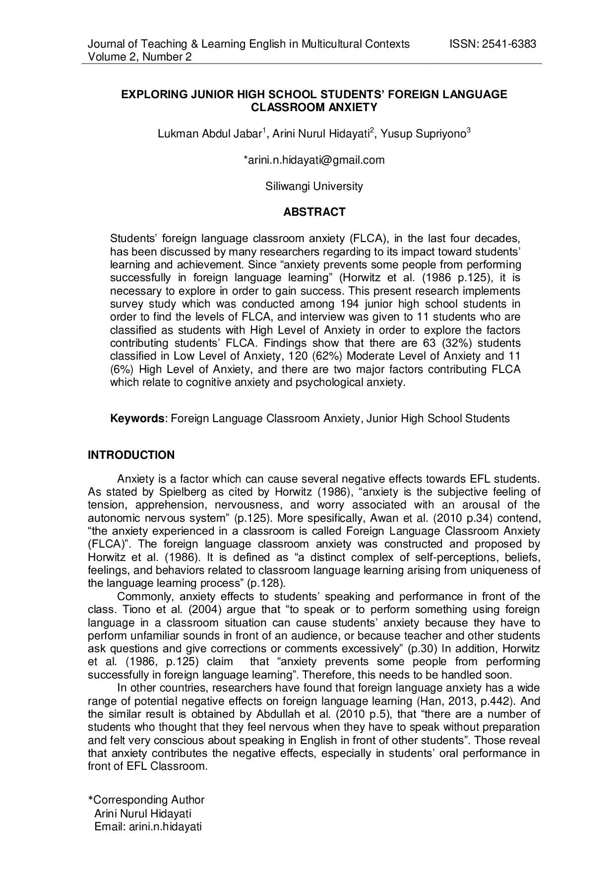 JURIS Exploring Junior High School Students Foreign Language Classroom Anxiety