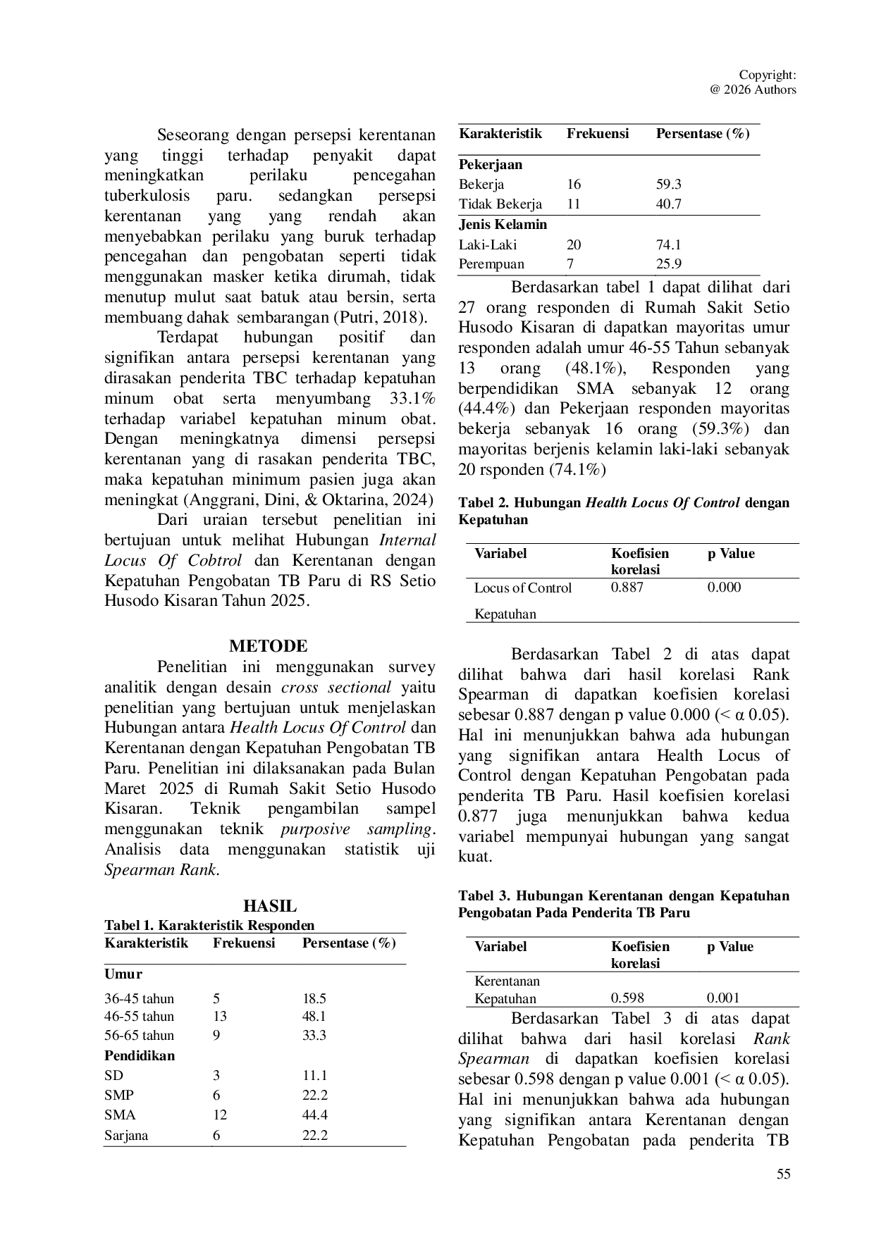 JURIS The Relationship Between Health Locus of Control and Vulnerability and Treatment Adherence in Pulmonary TB Patients at Setio Husodo Hospital Health Locus of Control and Vulnerability