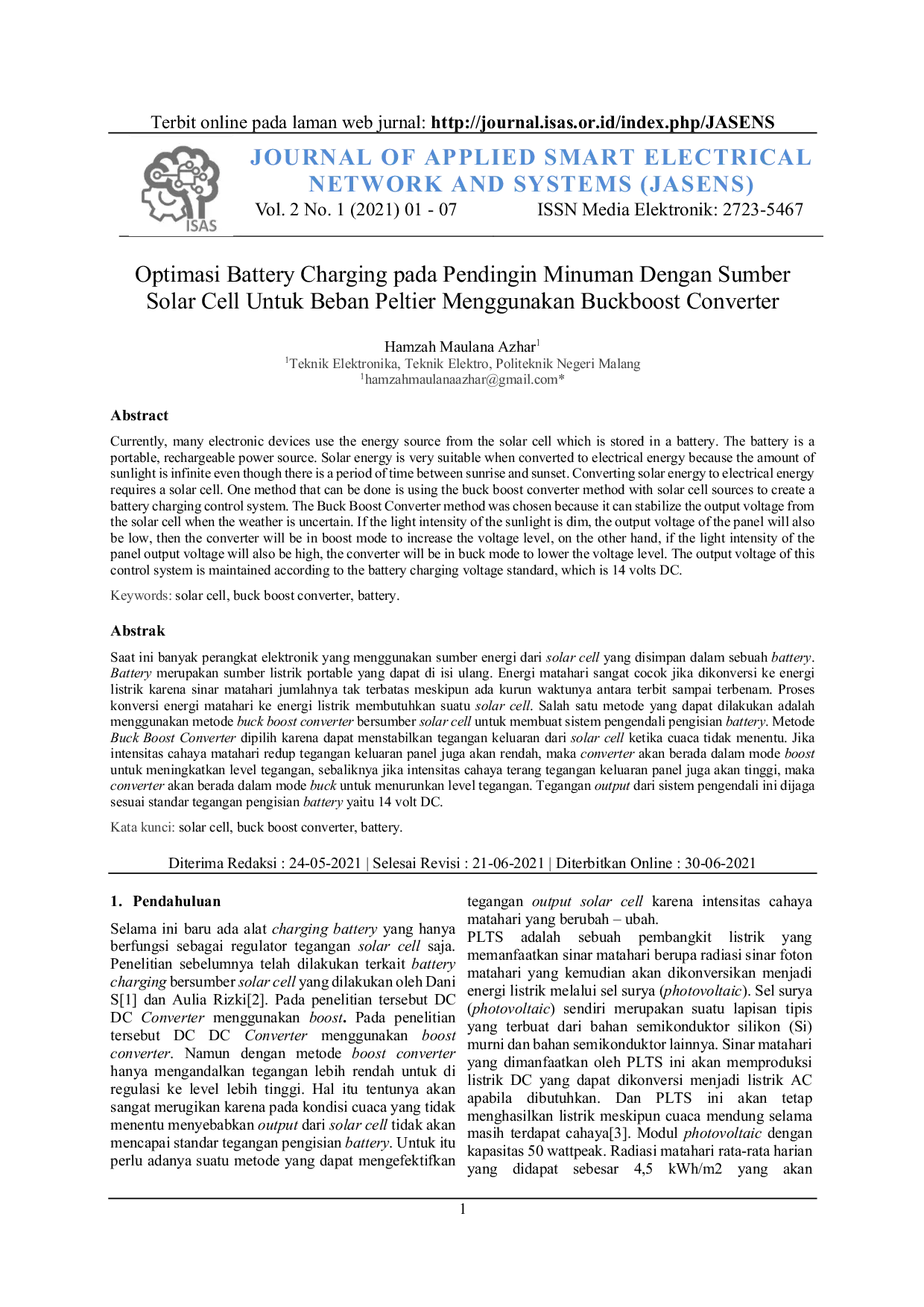 JURIS Optimasi Battery Charging pada Pendingin Minuman dengan Sumber Solar Cell untuk Beban Peltier Menggunakan Buckboost Converter