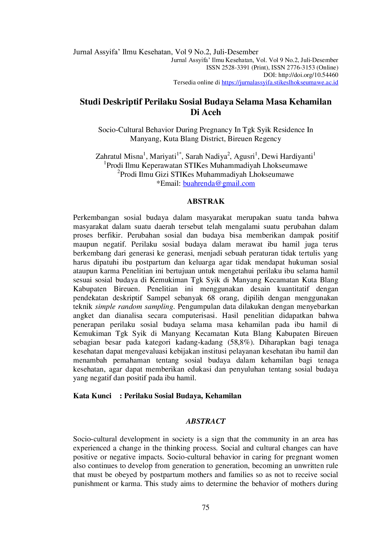 JURIS Studi Deskriptif Perilaku Sosial Budaya Selama Masa Kehamilan Di Aceh