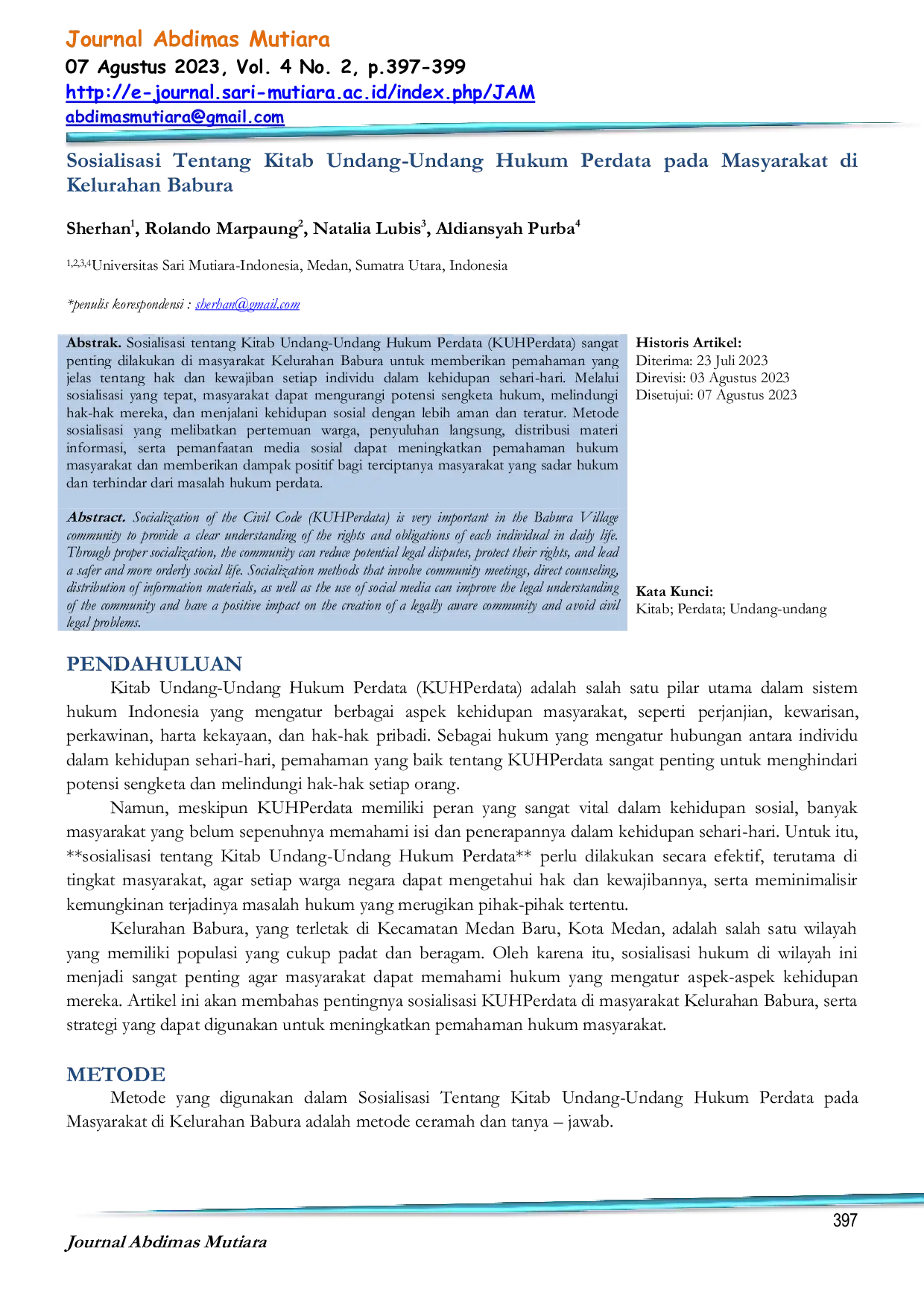 JURIS Sosialisasi Tentang Kitab Undang Undang Hukum Perdata pada Masyarakat di Kelurahan Babura