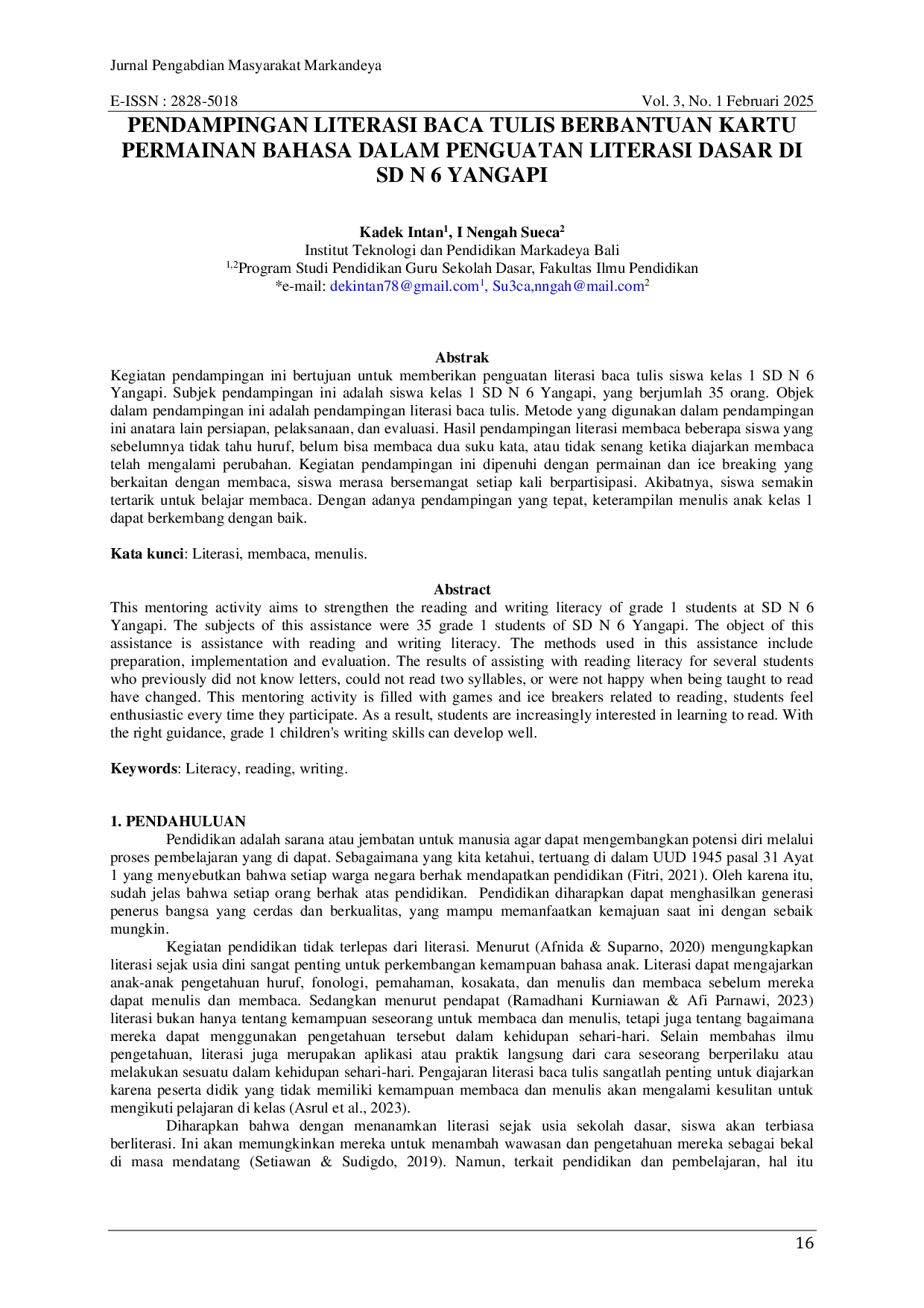 JURIS Pendampingan Literasi Baca Tulis Berbantuan Kartu Permainan Bahasa Dalam Penguatan Literasi Dasar Di SD N 6 Yangapi