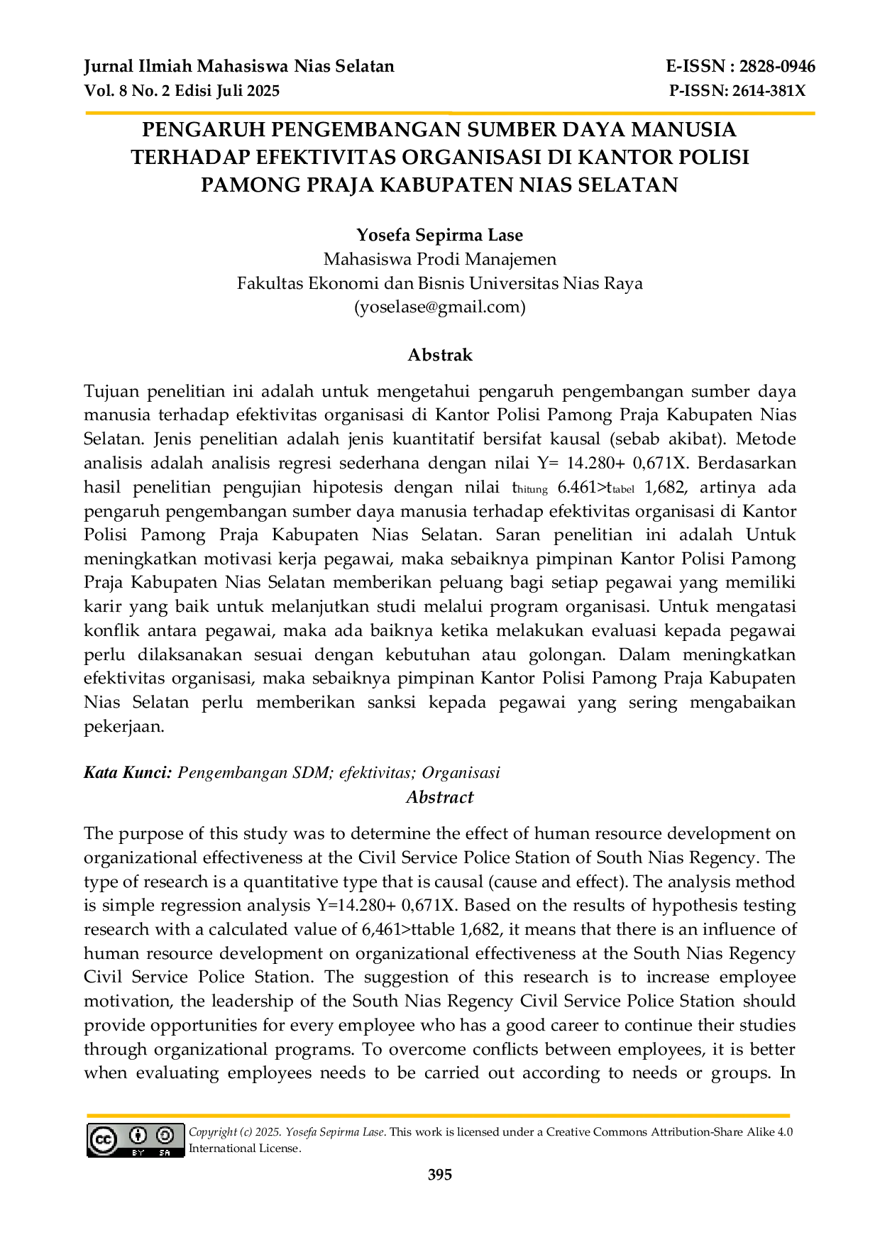 JURIS The Influence of Human Resource Development on Organizational Effectiveness at the Civil Service Police Station of South Nias Regency