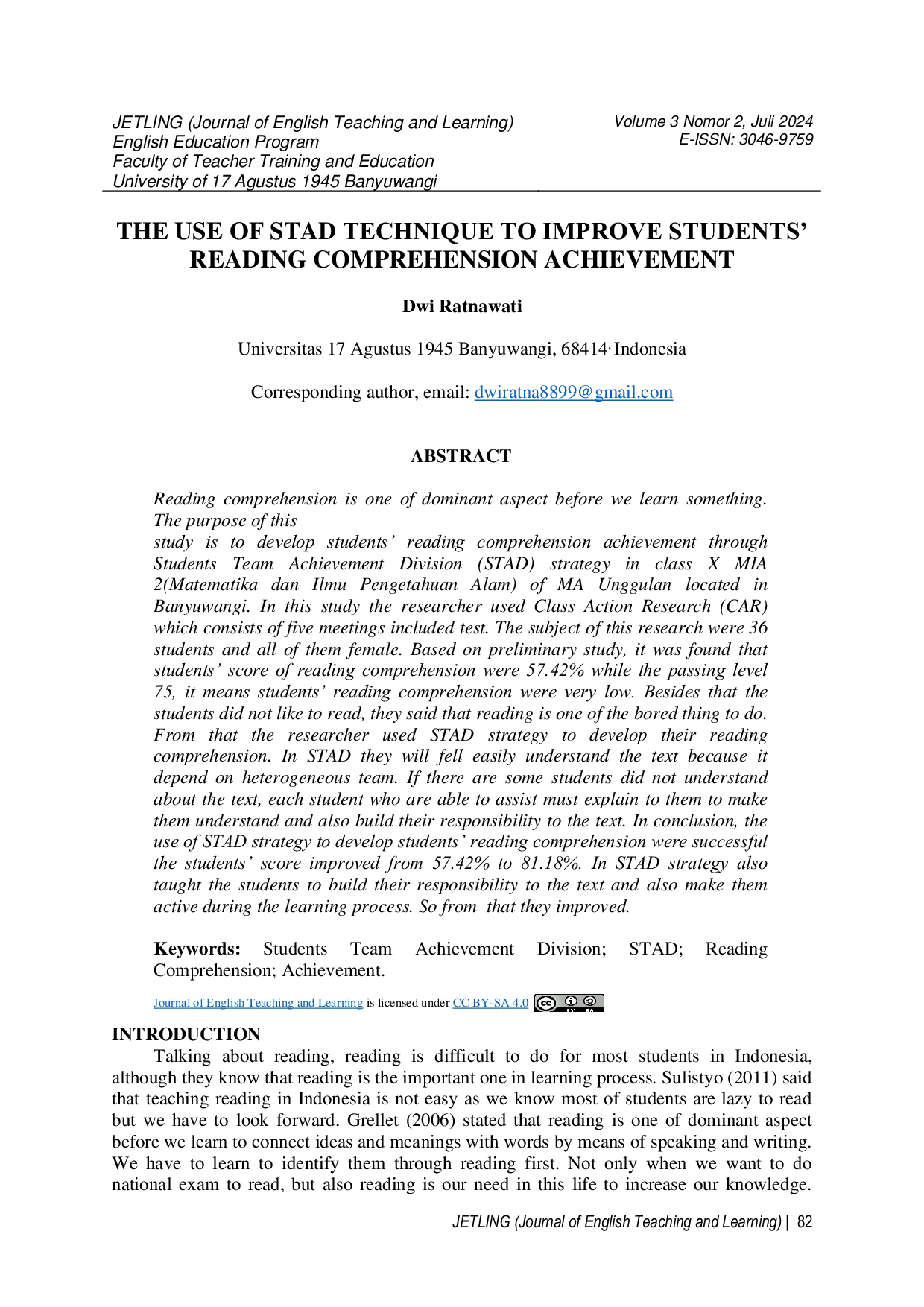 JURIS The Use of STAD Technique to Improve Students Reading Comprehension Achievement
