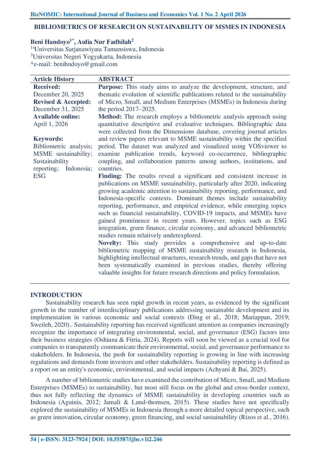 JURIS Bibliometrics of Research on Sustainability of MSMEs in Indonesia