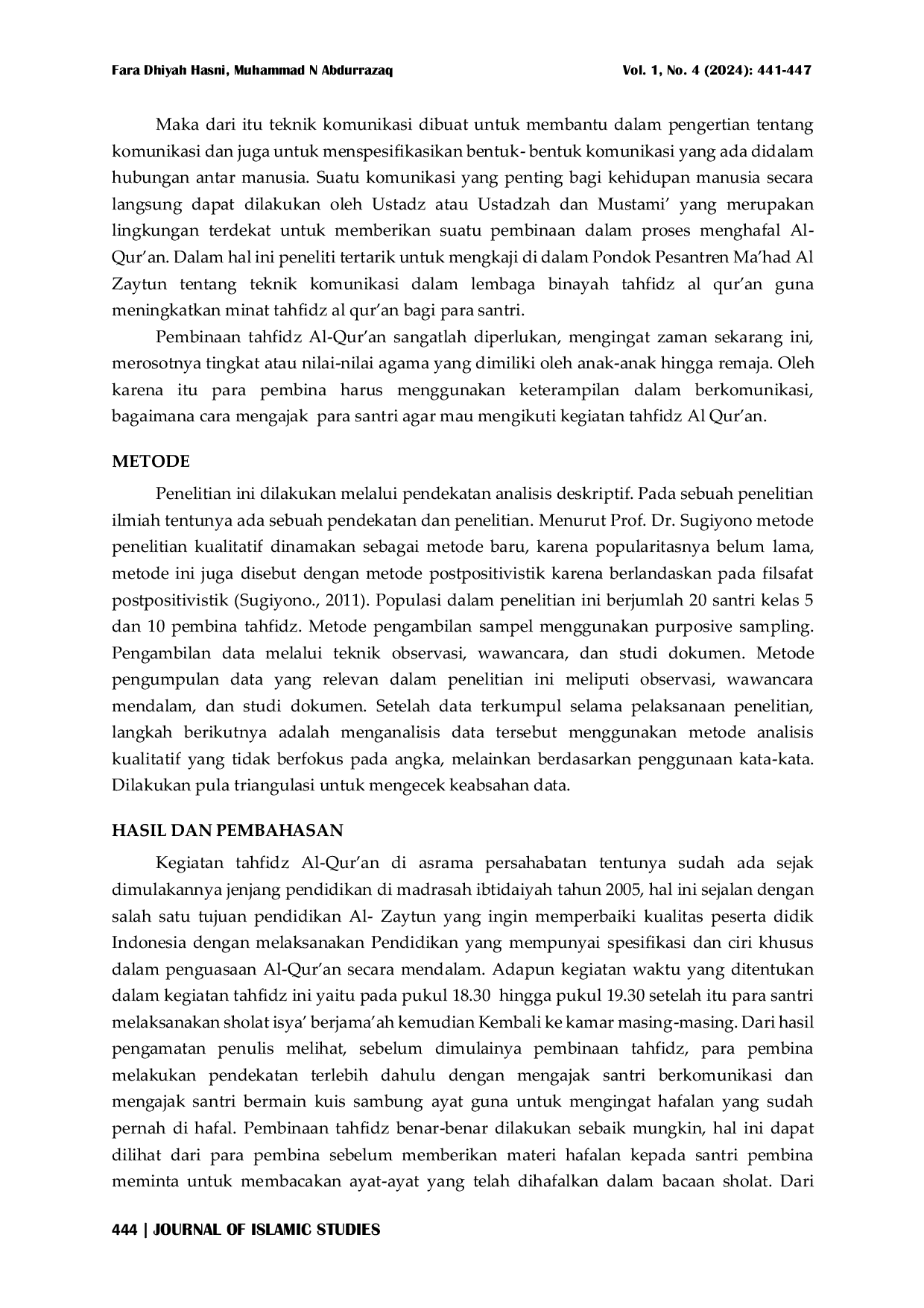 JURIS Teknik Komunikasi Dalam Pelaksanaan Tahfidz Al Qur an Pada Santri Madrasah Ibtidaiyah Pondok Pesantren Ma had Al Zaytun