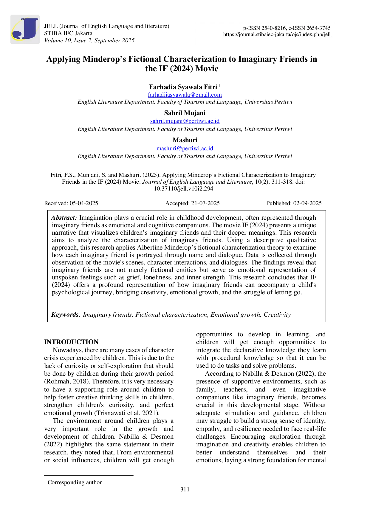 JURIS Applying Minderop s Fictional Characterization to Imaginary Friends in the IF 2024 Movie